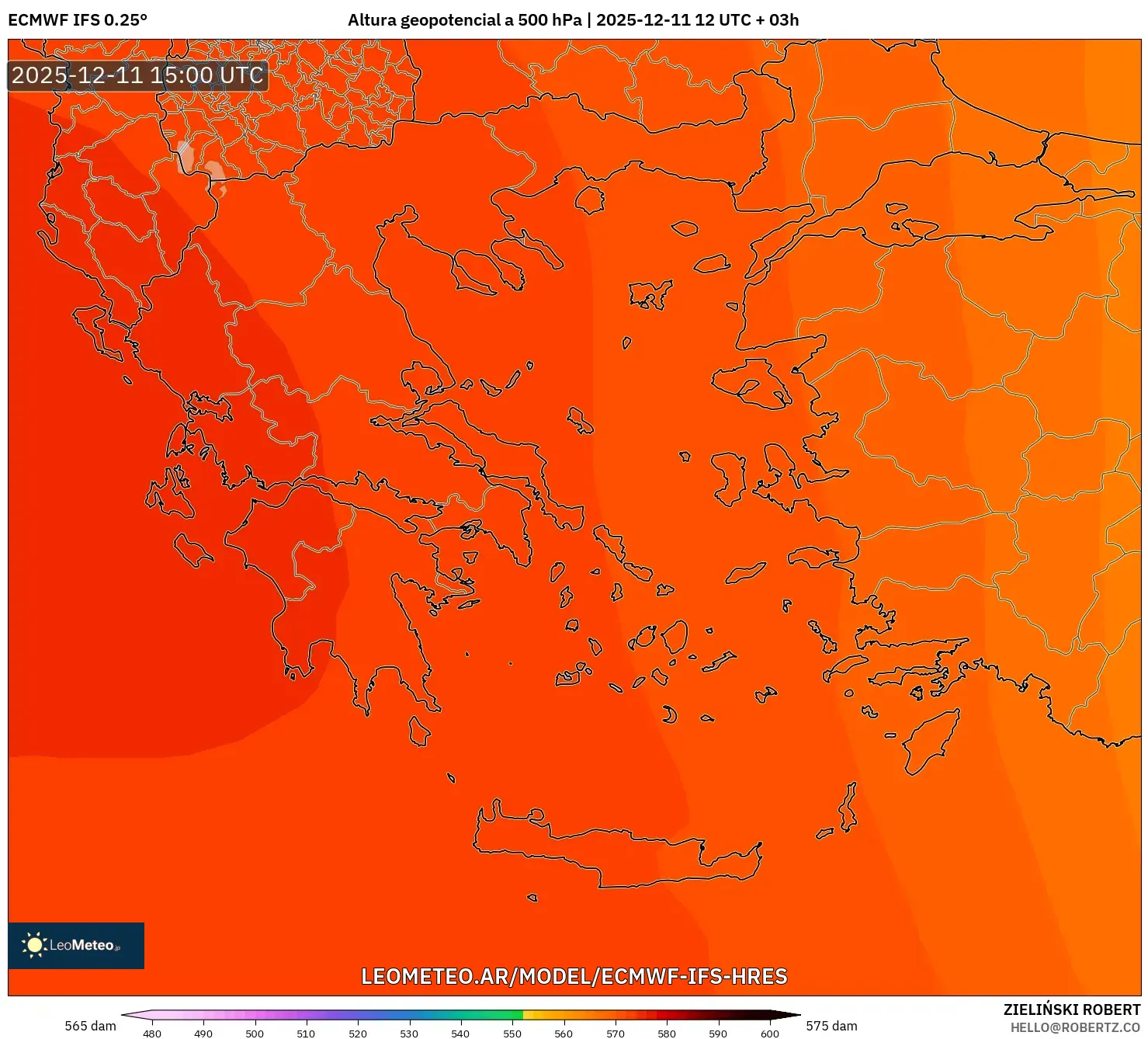 ECMWF IFS 0.25° model - Grecia, Altura geopotencial a 500 hPa