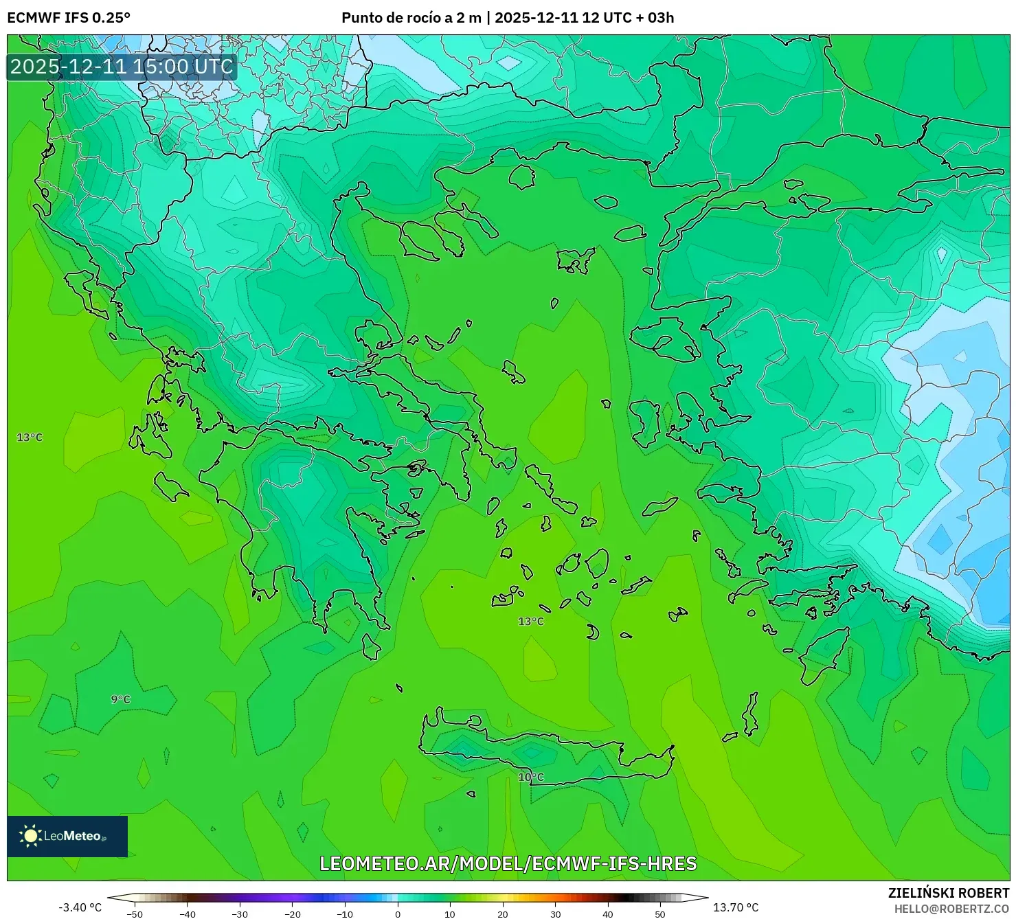 ECMWF IFS 0.25° model - Grecia, Punto de rocío a 2 m