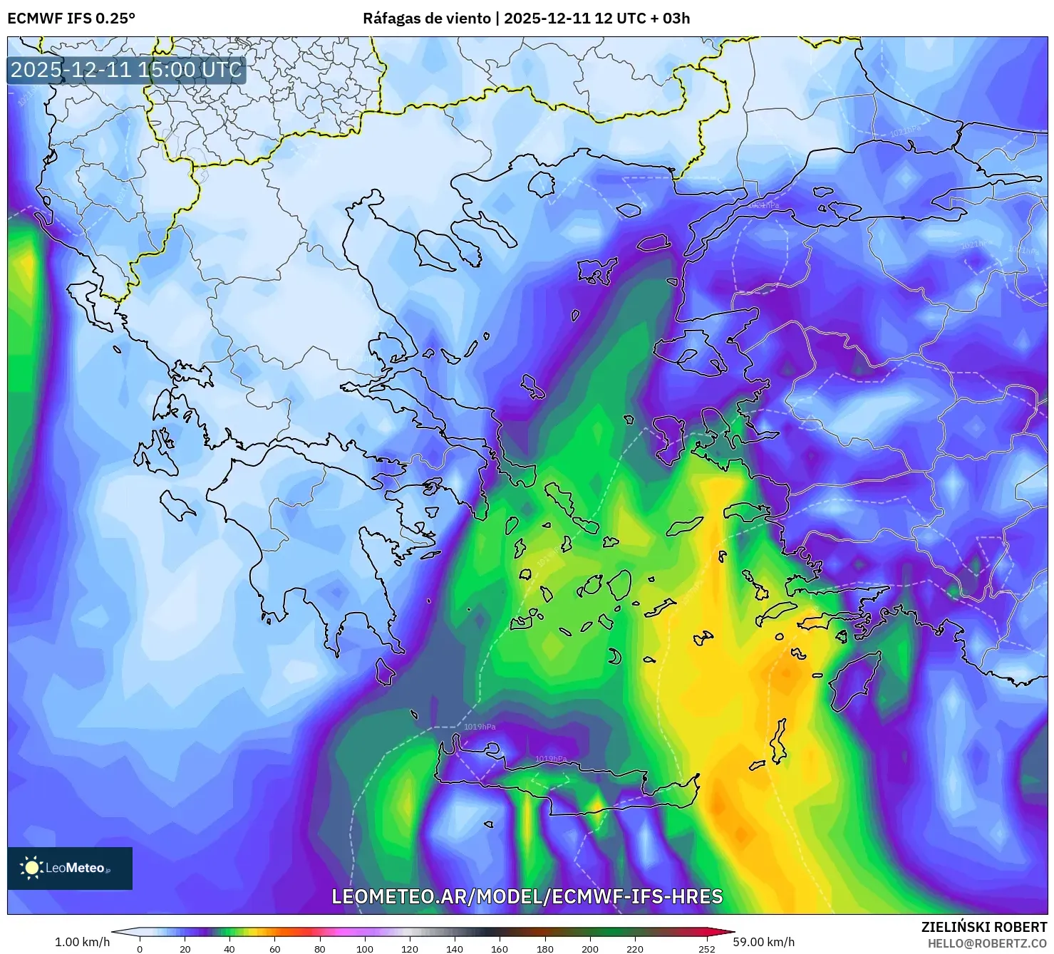 ECMWF IFS 0.25° model - Grecia, Ráfagas de viento
