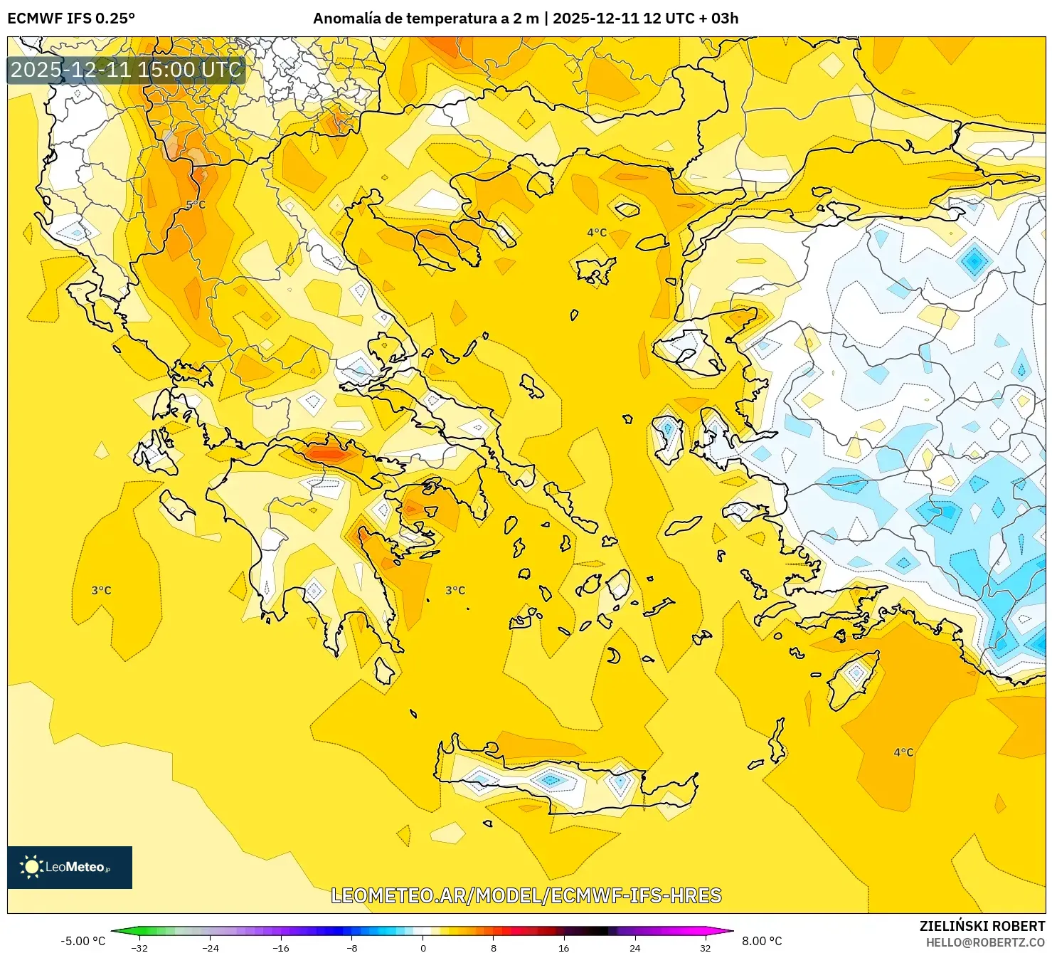 ECMWF IFS 0.25° model - Grecia, Anomalía de temperatura a 2 m