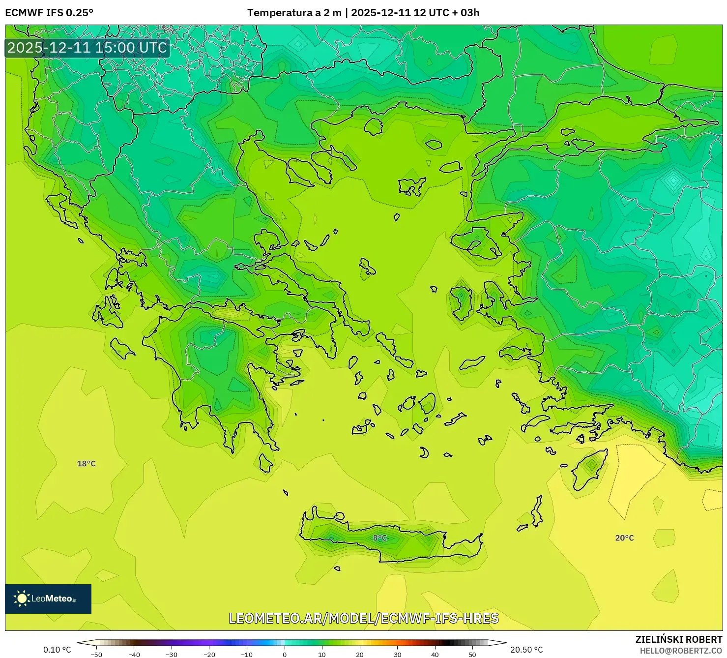 ECMWF IFS 0.25° model - Grecia, Temperatura a 2 m