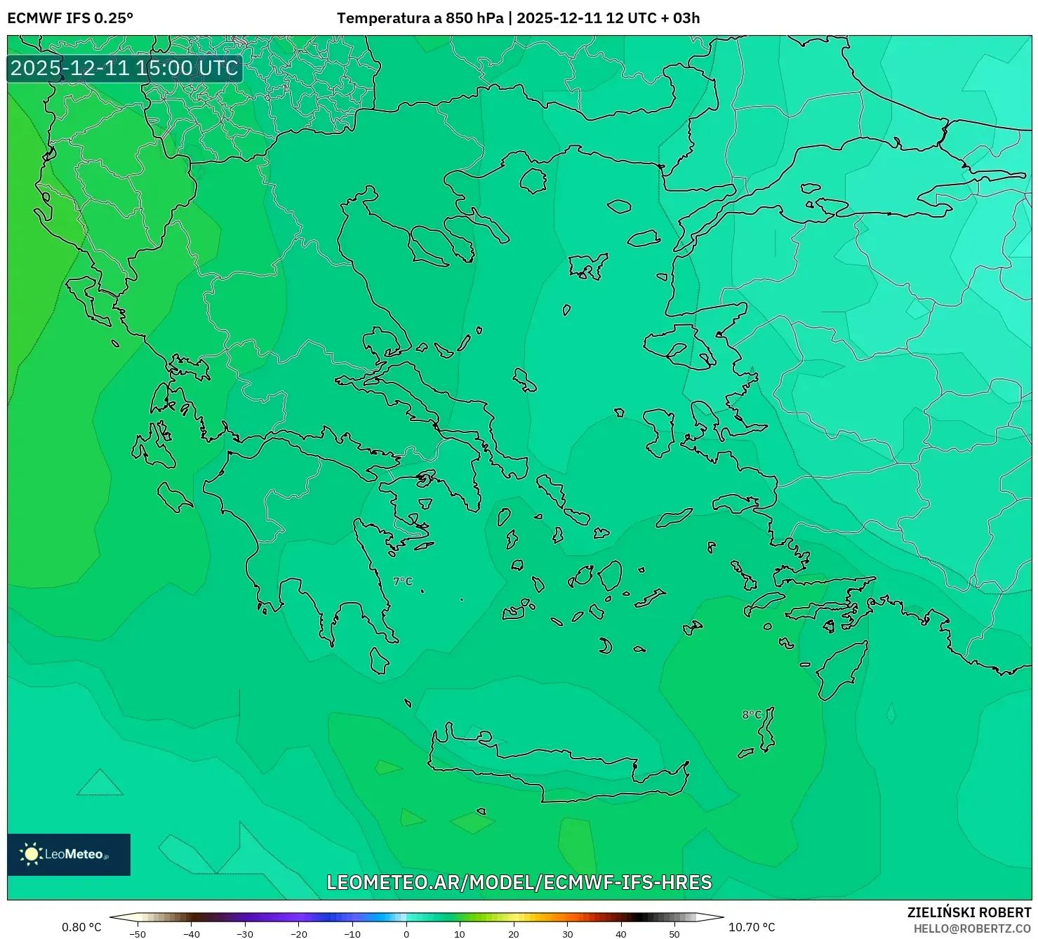 ECMWF IFS 0.25° model - Grecia, Temperatura a 850 hPa