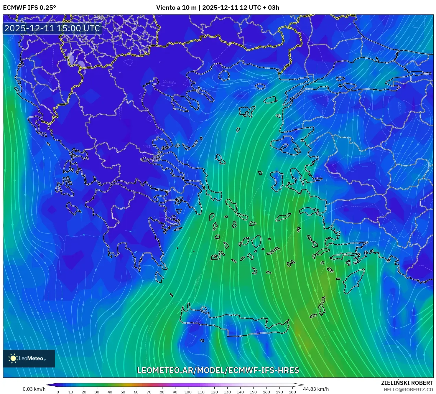 ECMWF IFS 0.25° model - Grecia, Viento a 10 m