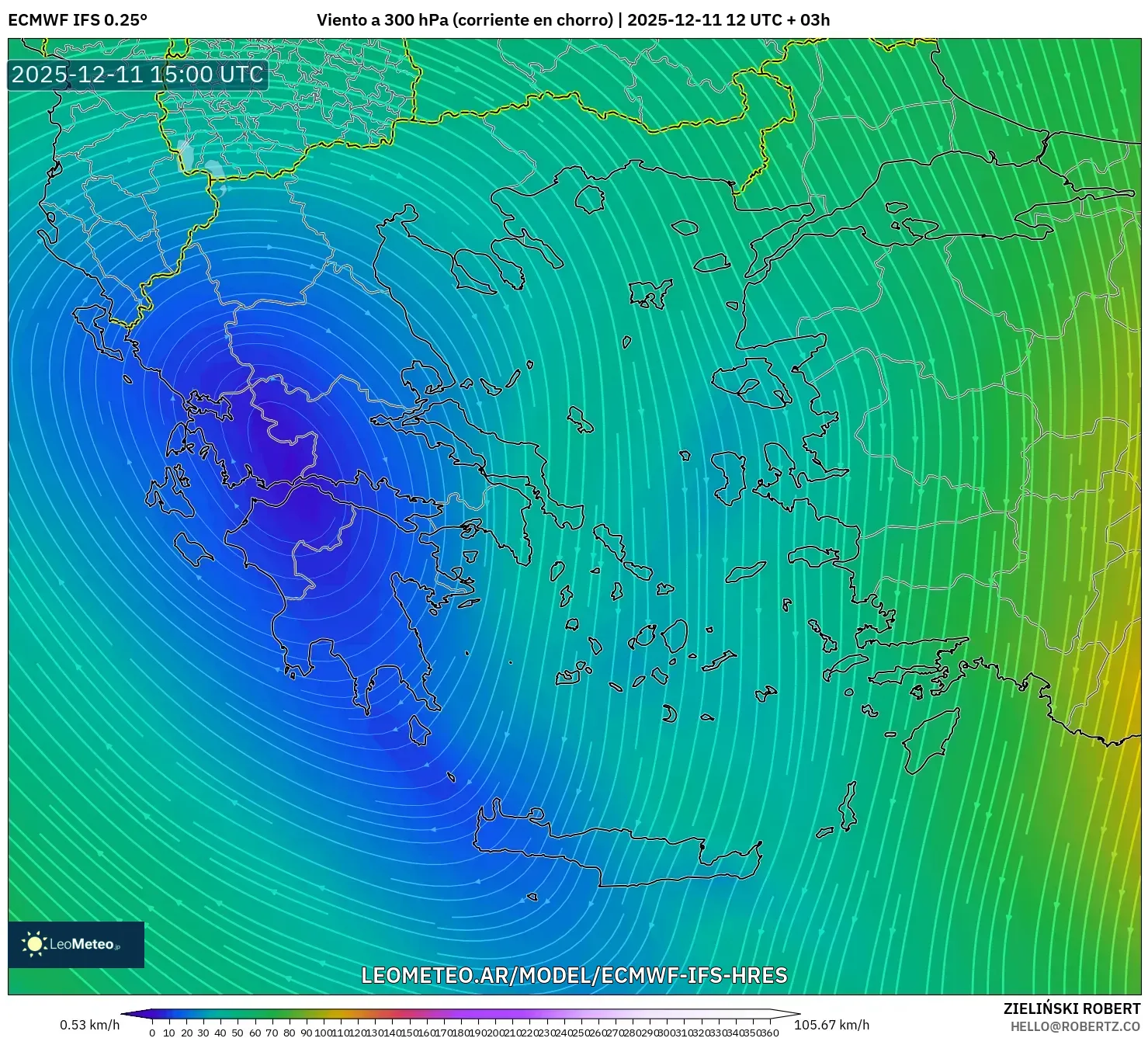ECMWF IFS 0.25° model - Grecia, Viento a 300 hPa (corriente en chorro)
