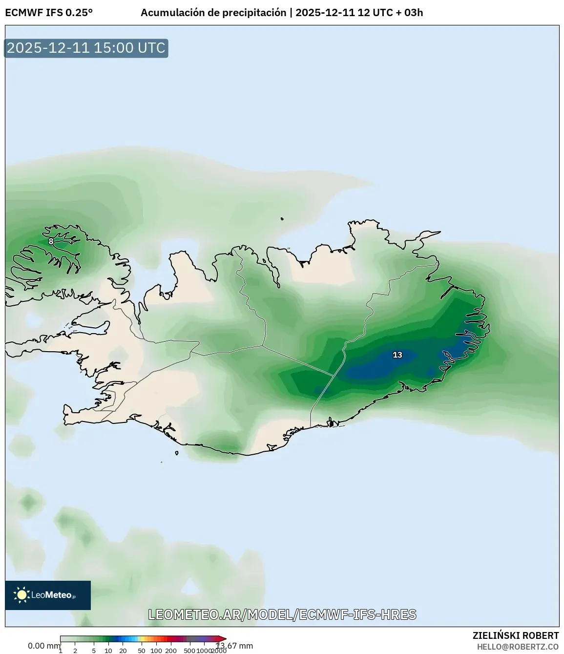 ECMWF IFS 0.25° model - Islandia, Acumulación de precipitación