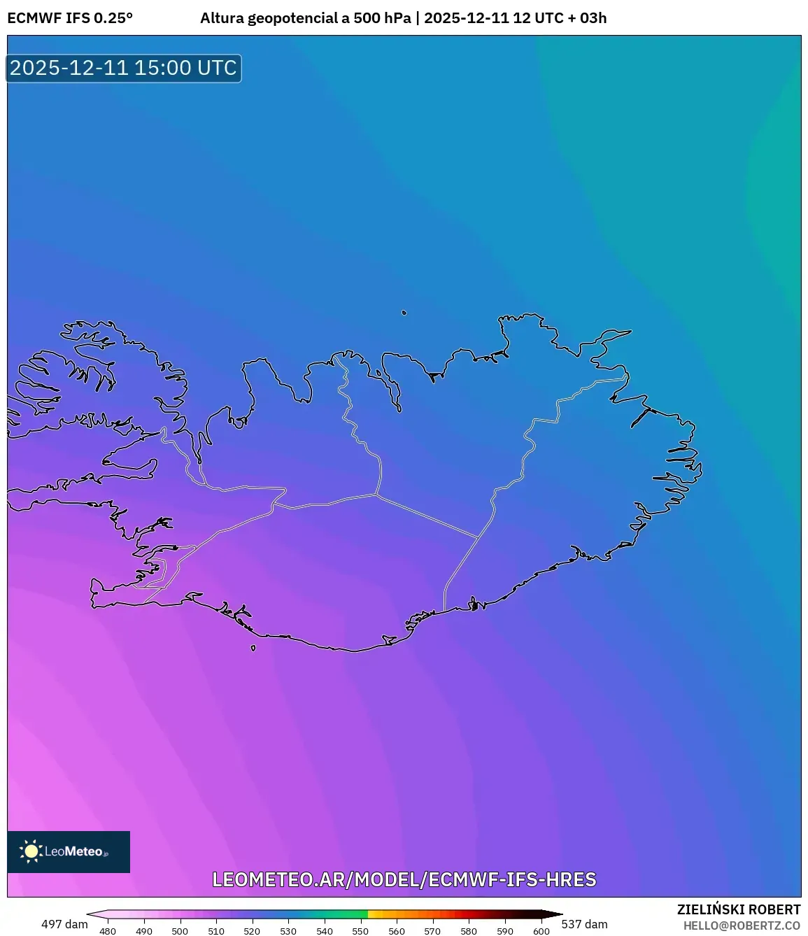 ECMWF IFS 0.25° model - Islandia, Altura geopotencial a 500 hPa