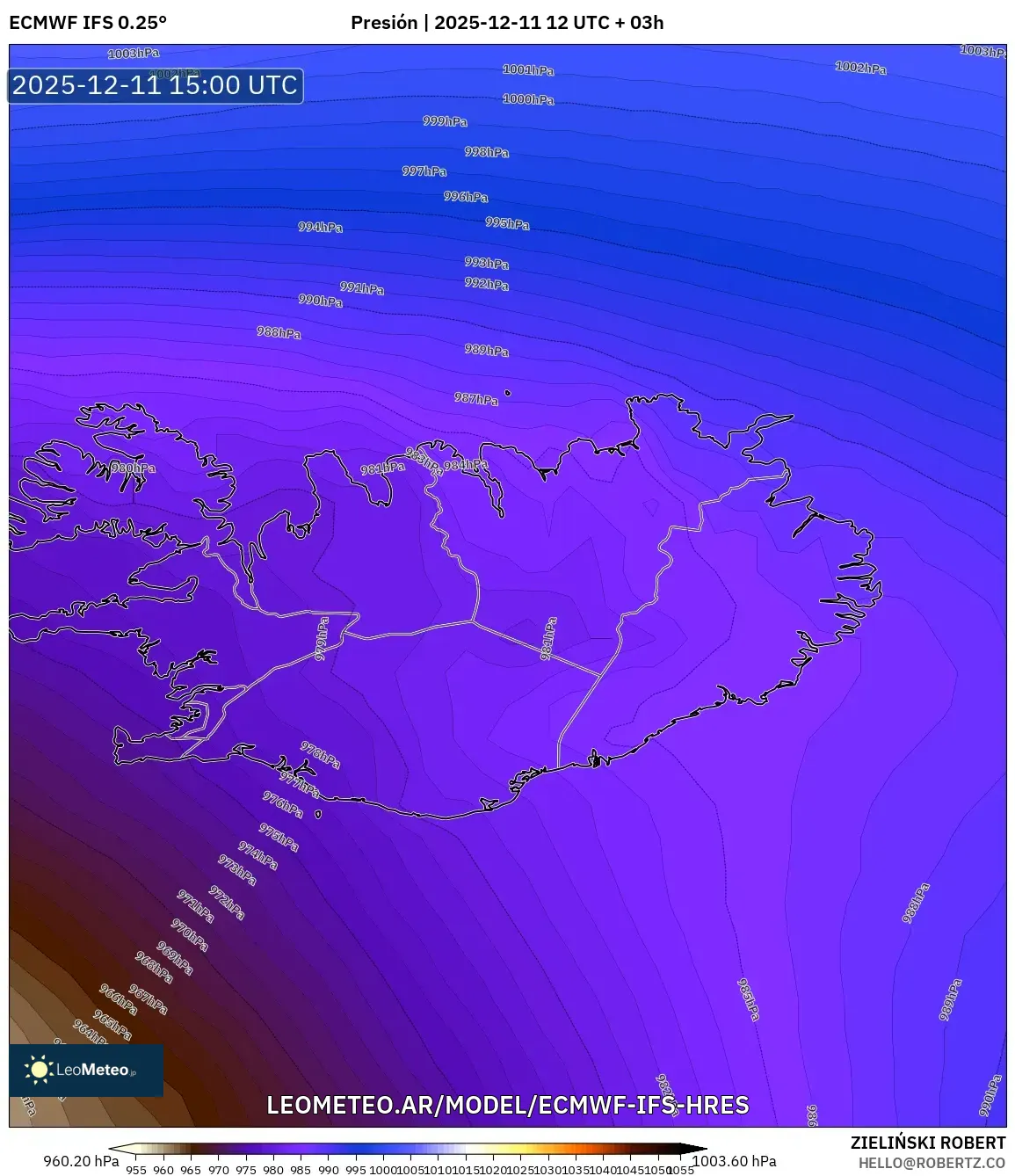 ECMWF IFS 0.25° model - Islandia, Presión