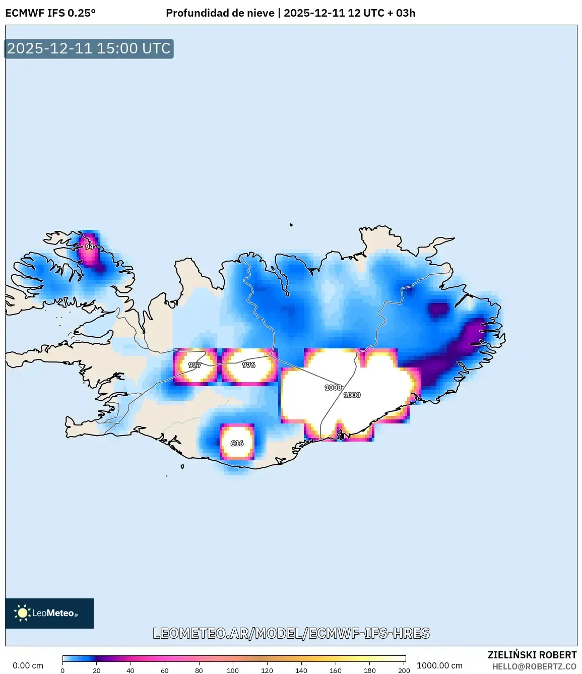 ECMWF IFS 0.25° model - Islandia, Profundidad de nieve