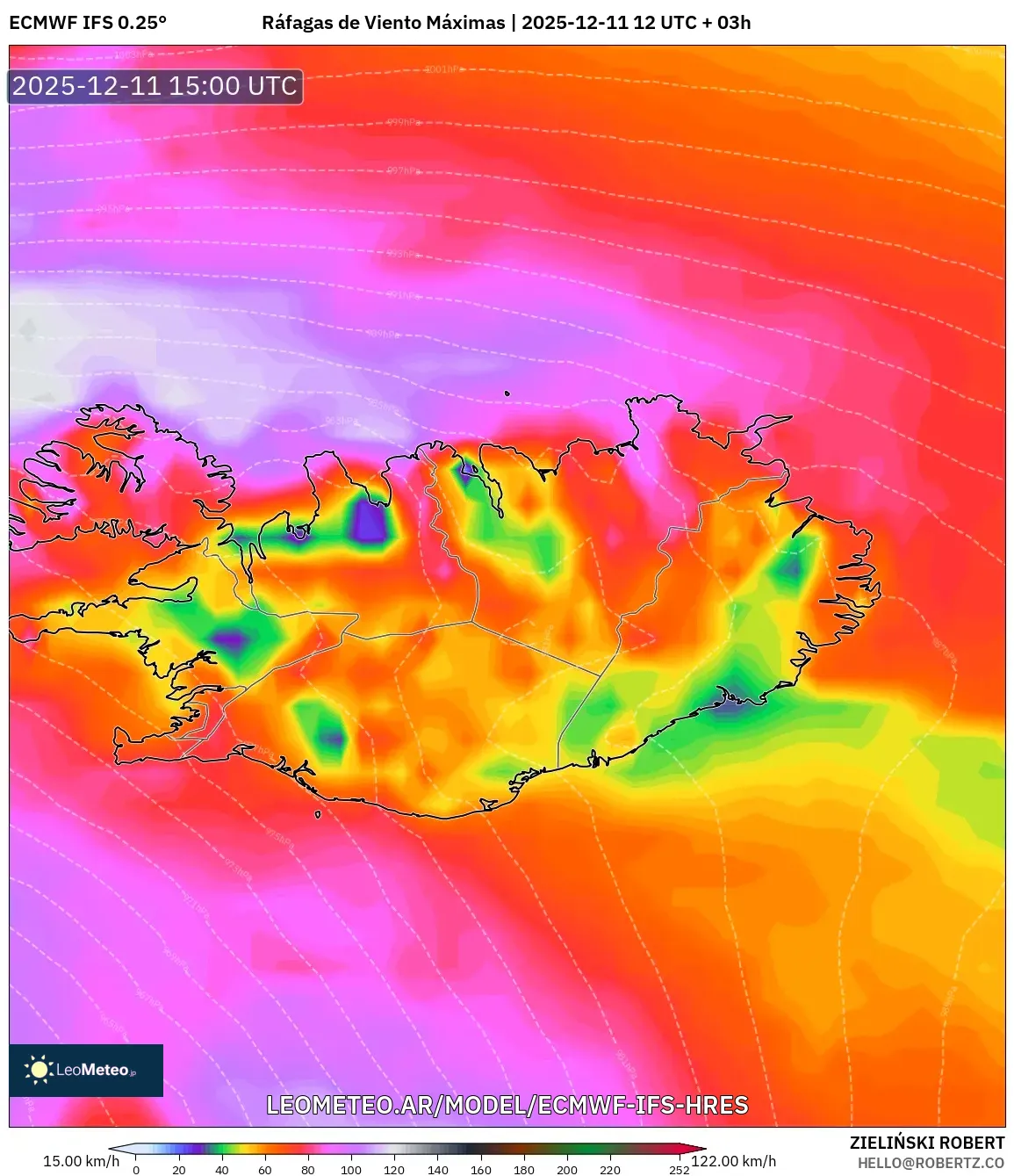 ECMWF IFS 0.25° model - Islandia, Ráfagas de Viento Máximas