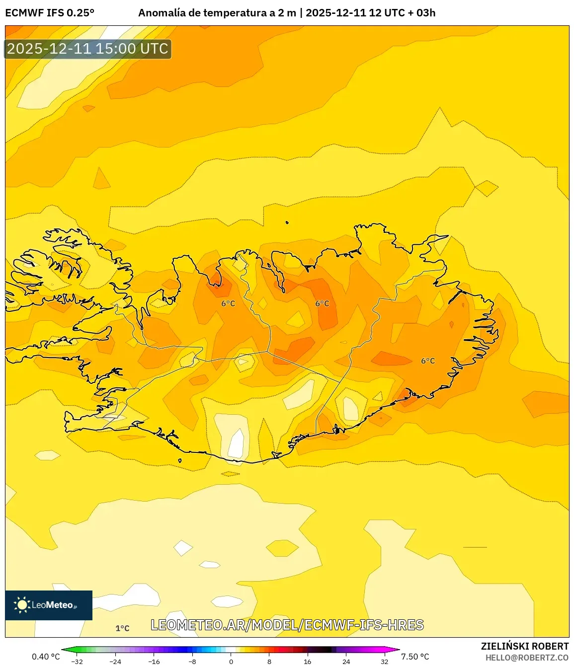 ECMWF IFS 0.25° model - Islandia, Anomalía de temperatura a 2 m