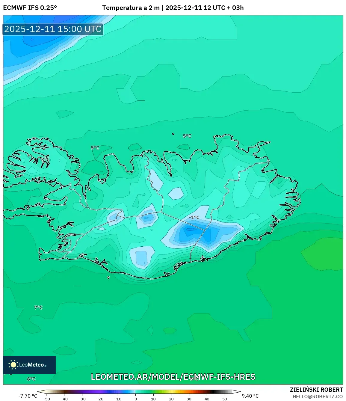 ECMWF IFS 0.25° model - Islandia, Temperatura a 2 m