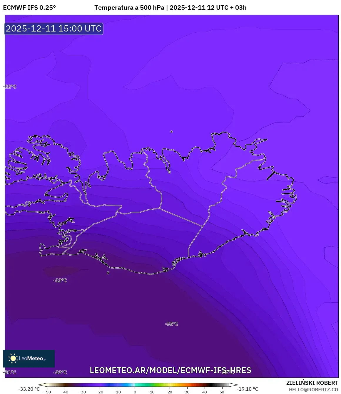 ECMWF IFS 0.25° model - Islandia, Temperatura a 500 hPa