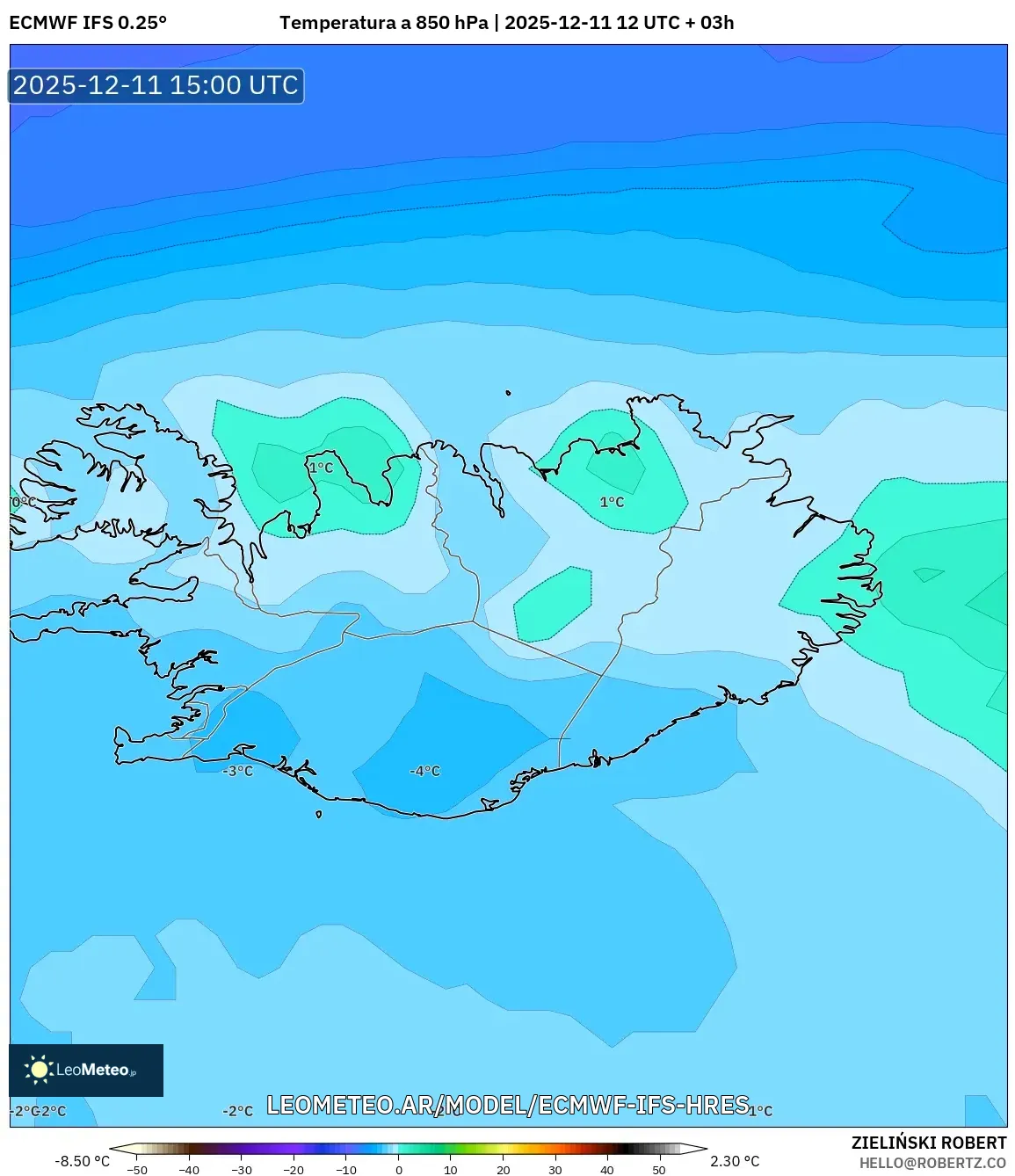 ECMWF IFS 0.25° model - Islandia, Temperatura a 850 hPa