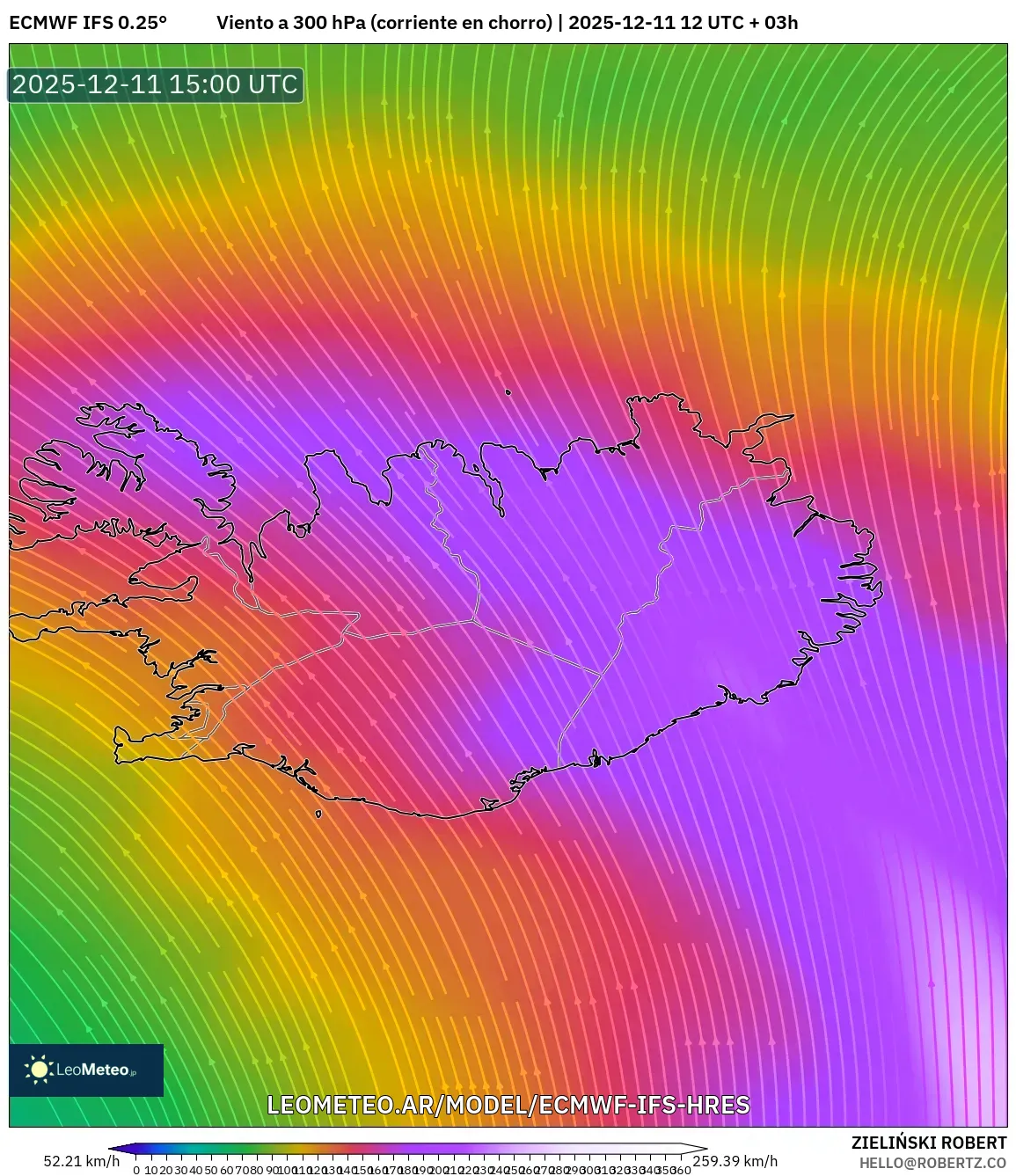 ECMWF IFS 0.25° model - Islandia, Viento a 300 hPa (corriente en chorro)