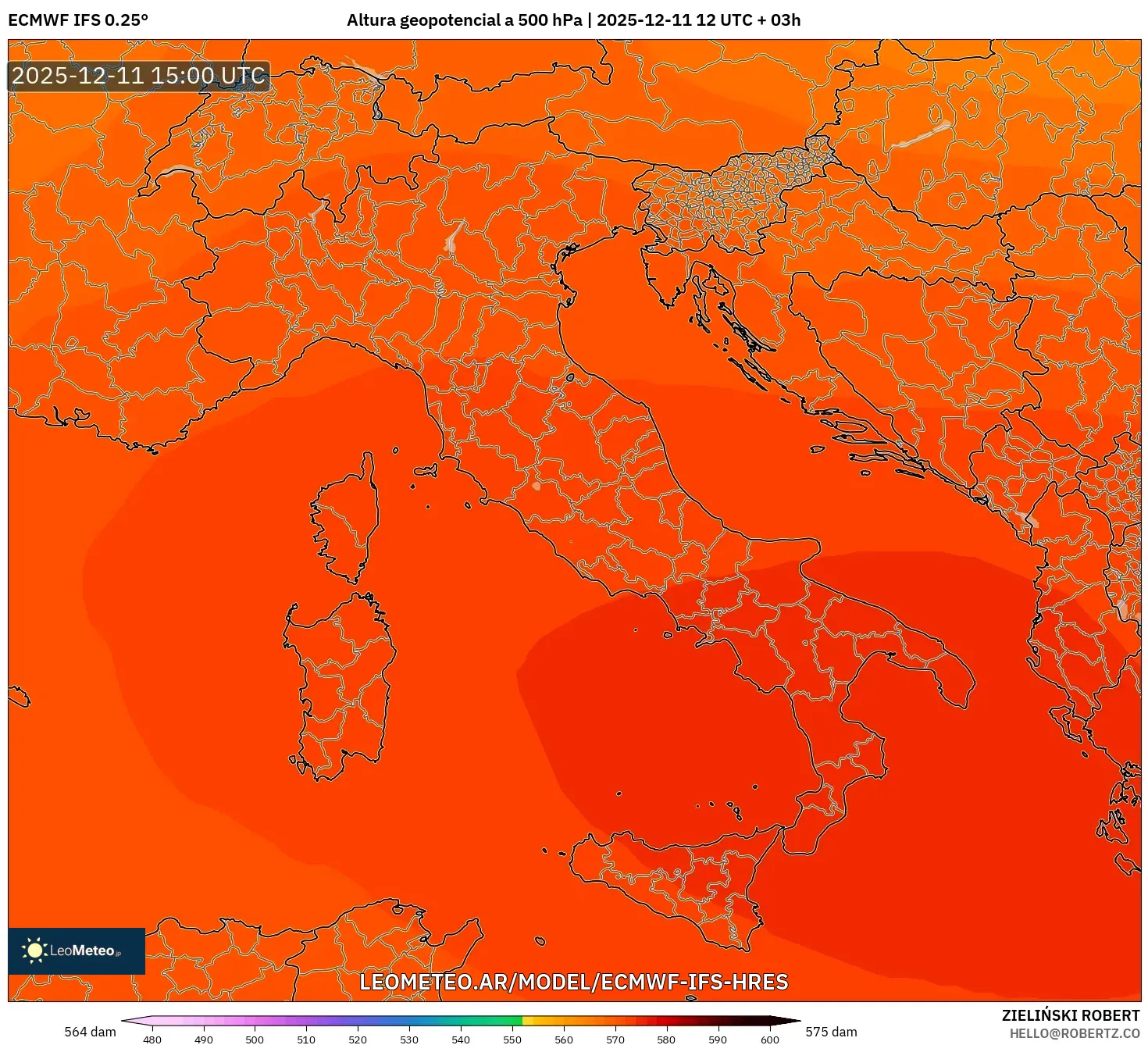 ECMWF IFS 0.25° model - Italia, Altura geopotencial a 500 hPa