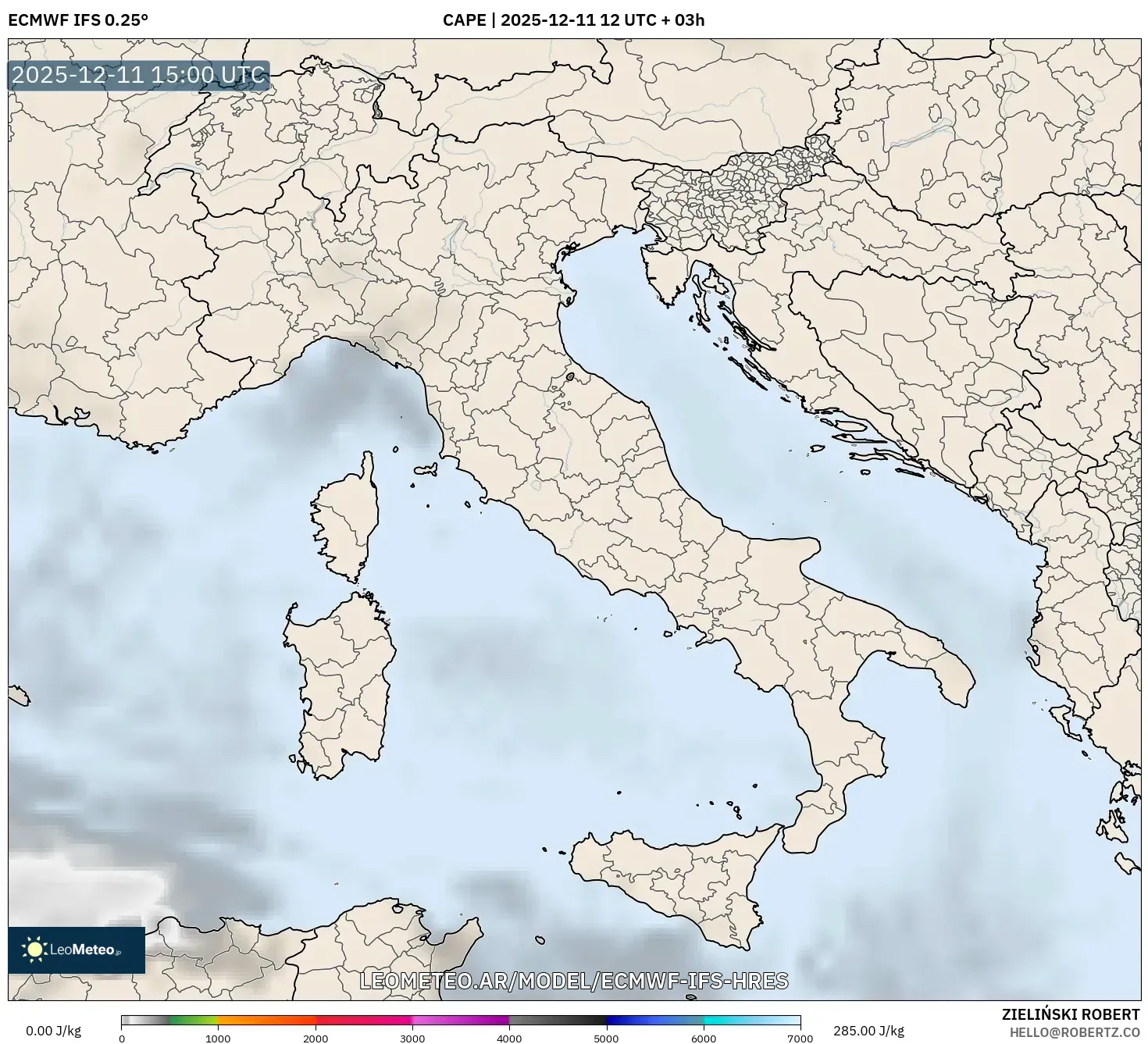 ECMWF IFS 0.25° model - Italia, CAPE