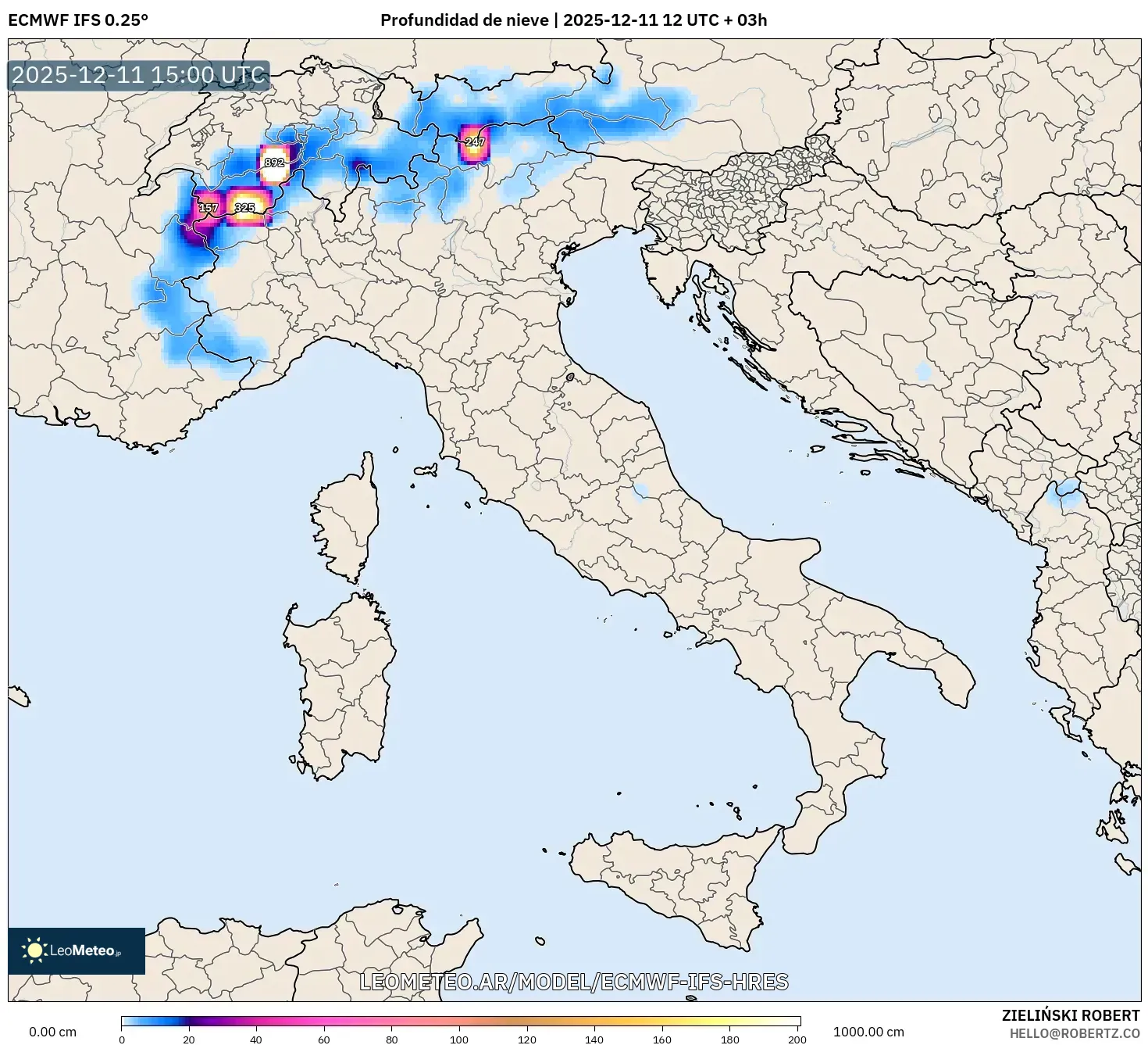 ECMWF IFS 0.25° model - Italia, Profundidad de nieve