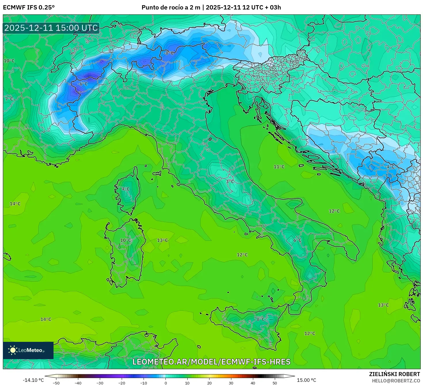 ECMWF IFS 0.25° model - Italia, Punto de rocío a 2 m