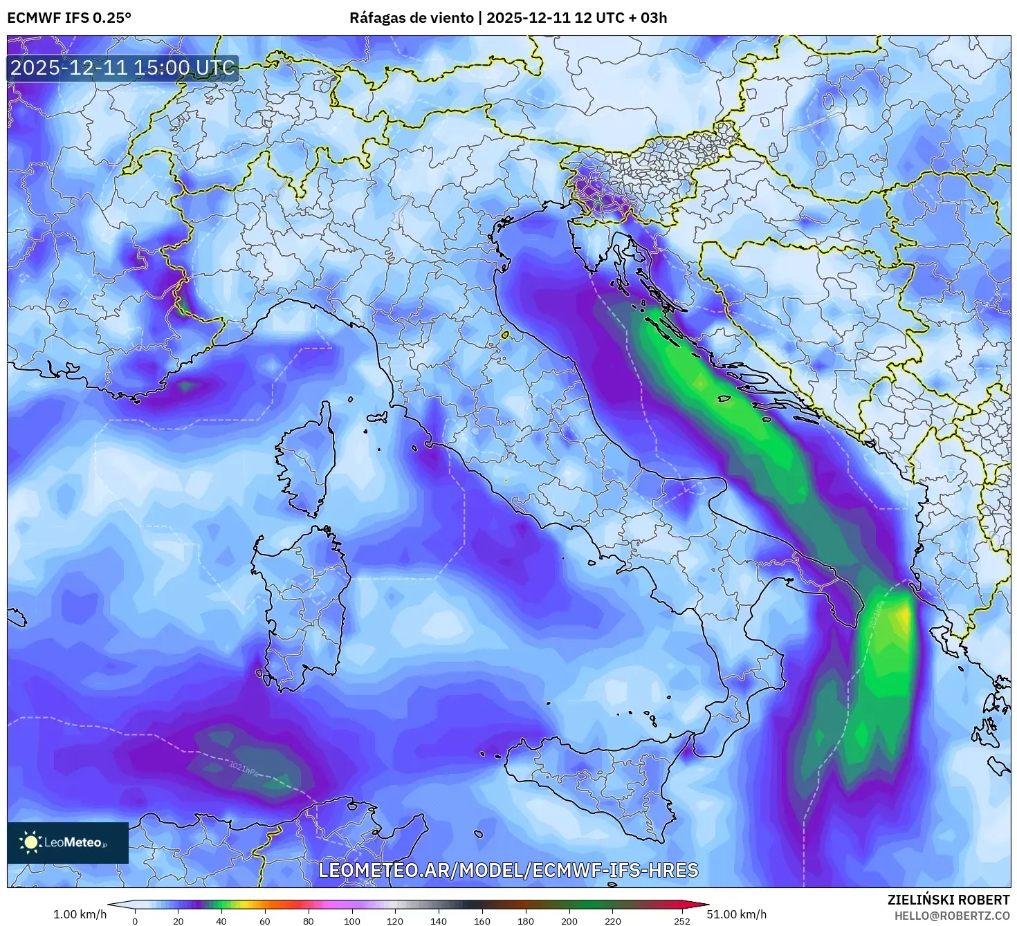 ECMWF IFS 0.25° model - Italia, Ráfagas de viento