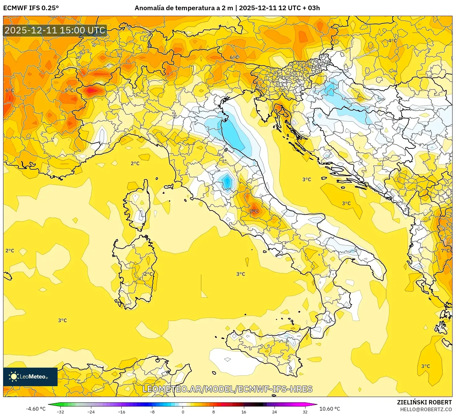 ECMWF IFS 0.25° model - Italia, Anomalía de temperatura a 2 m