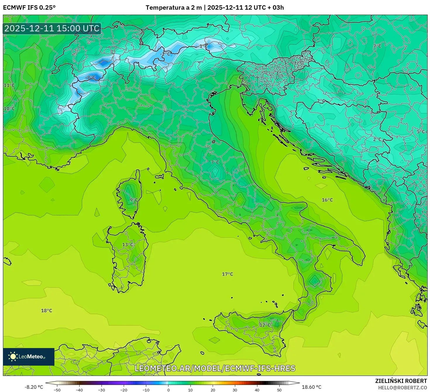 ECMWF IFS 0.25° model - Italia, Temperatura a 2 m