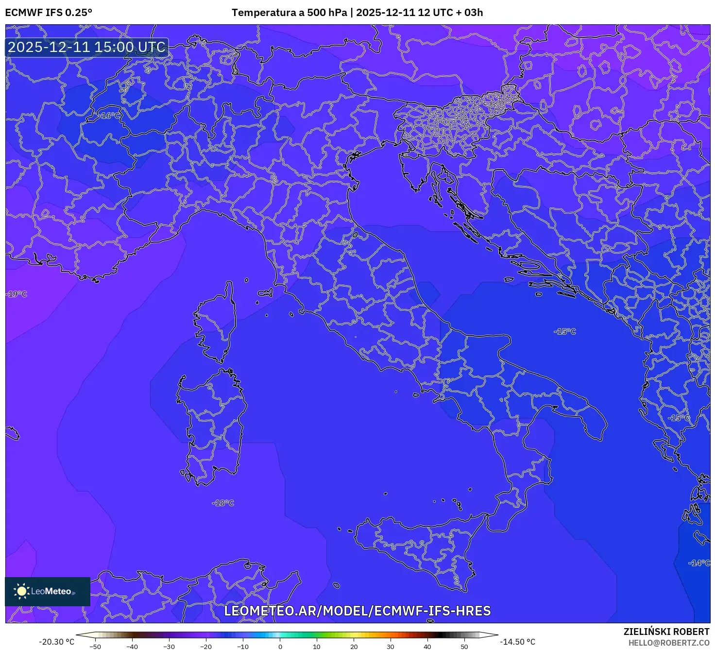 ECMWF IFS 0.25° model - Italia, Temperatura a 500 hPa
