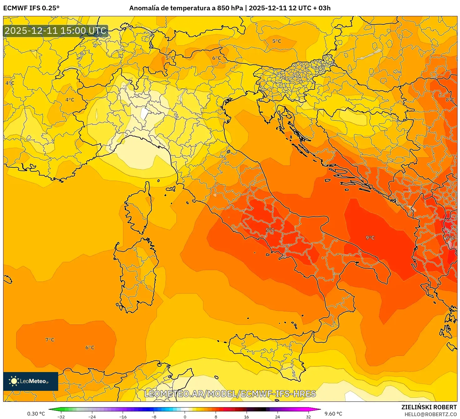 ECMWF IFS 0.25° model - Italia, Anomalía de temperatura a 850 hPa