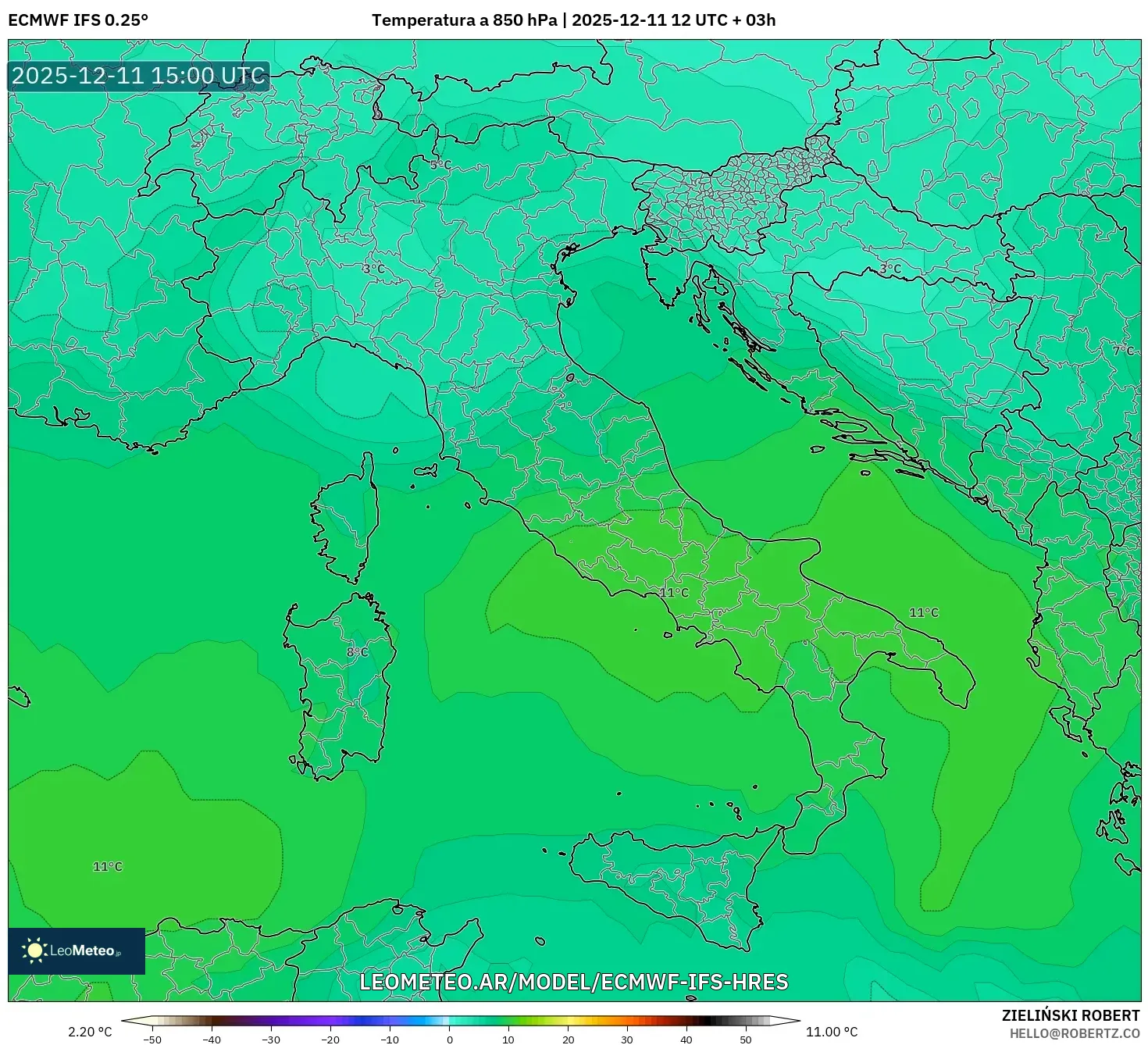 ECMWF IFS 0.25° model - Italia, Temperatura a 850 hPa