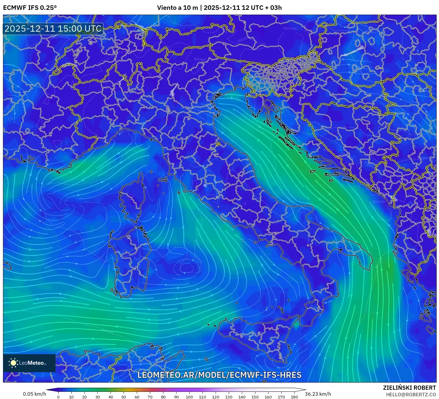 ECMWF IFS 0.25° model - Italia, Viento a 10 m