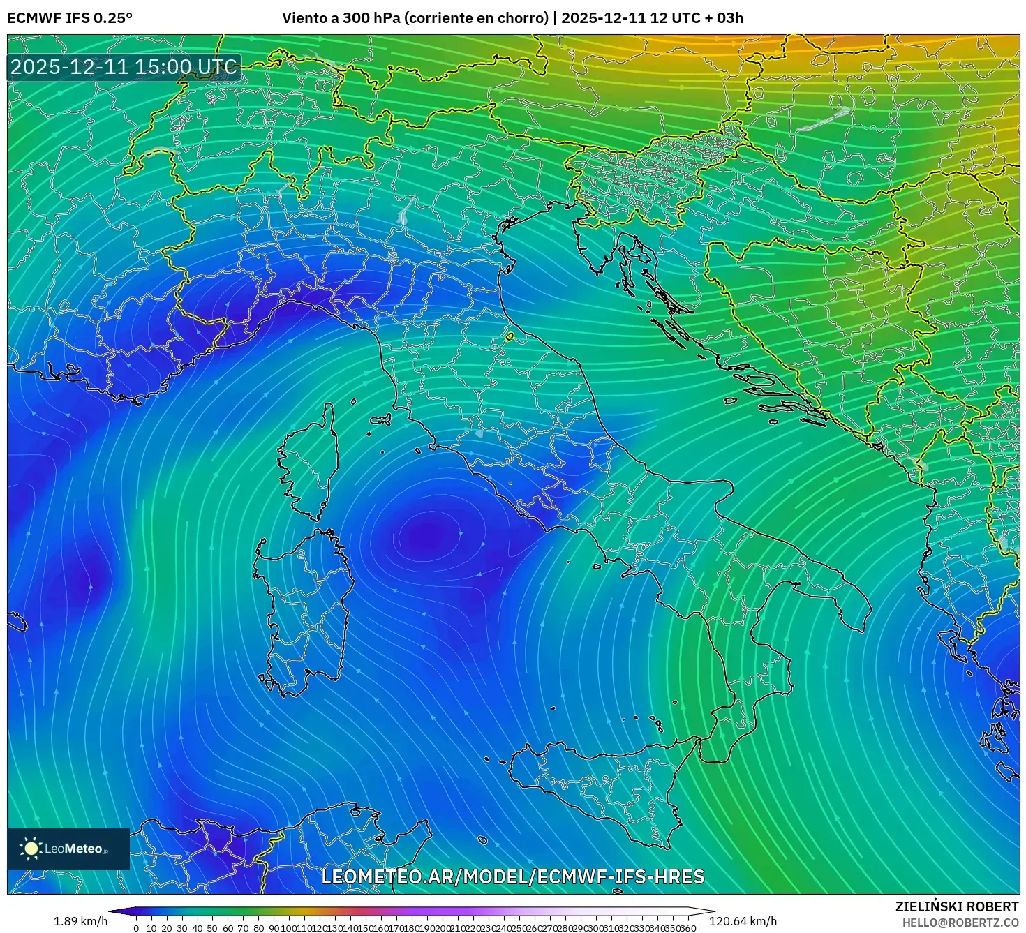 ECMWF IFS 0.25° model - Italia, Viento a 300 hPa (corriente en chorro)