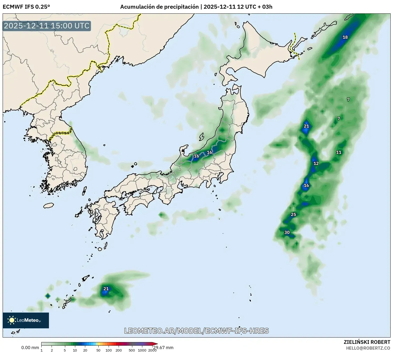 ECMWF IFS 0.25° model - Japón, Acumulación de precipitación