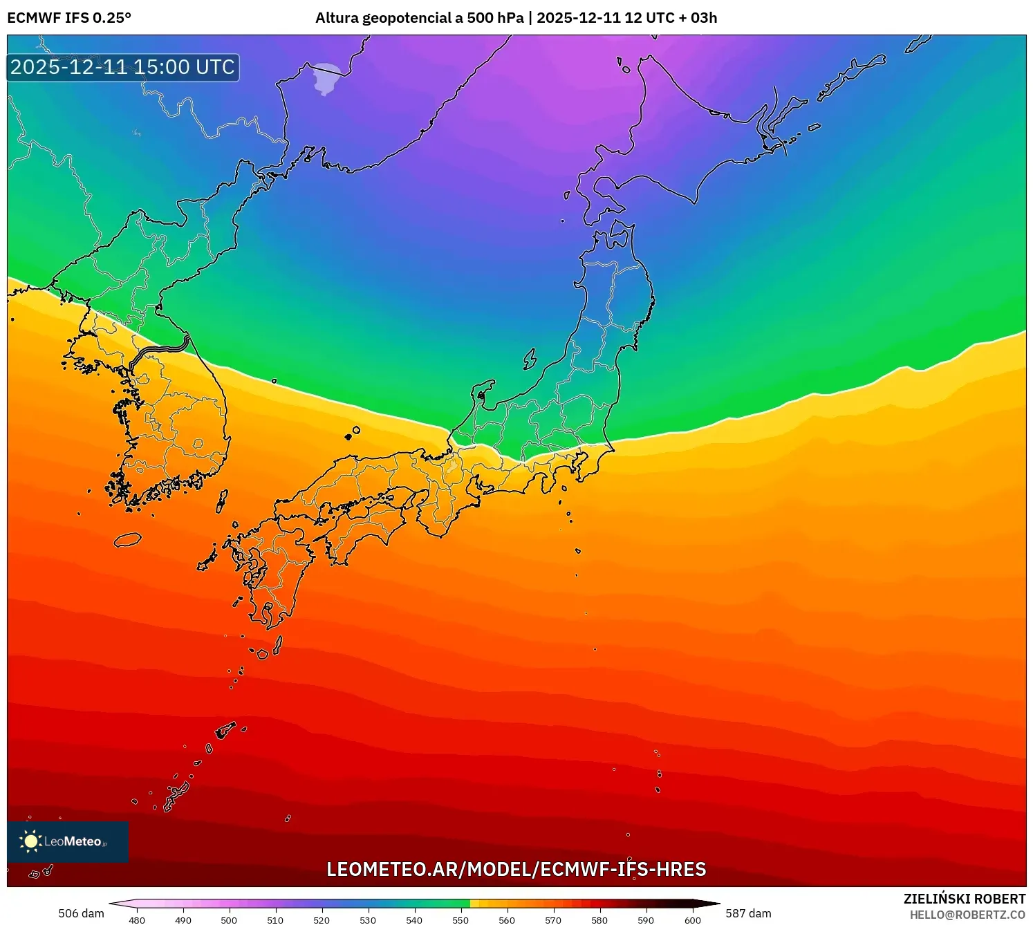 ECMWF IFS 0.25° model - Japón, Altura geopotencial a 500 hPa