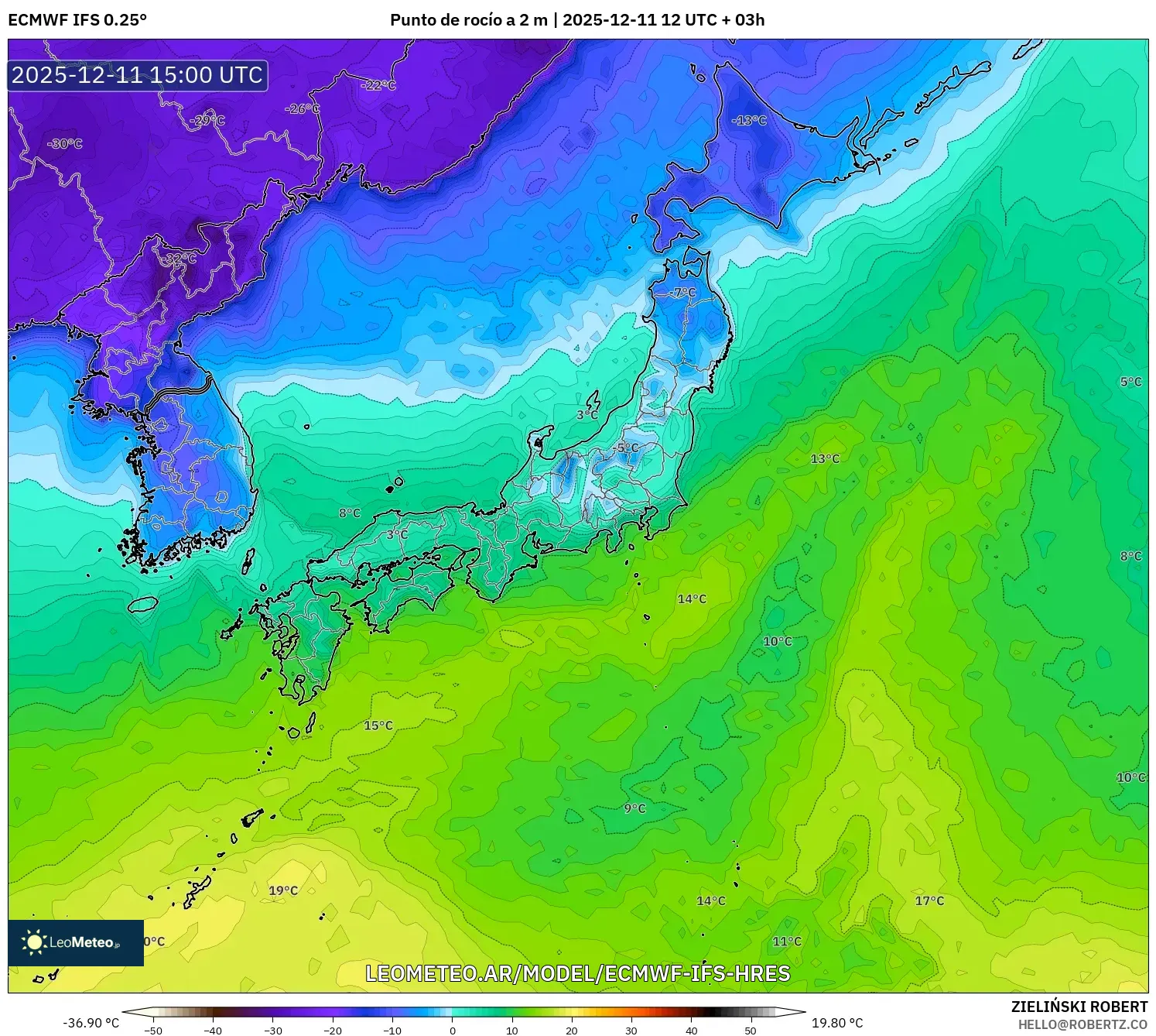 ECMWF IFS 0.25° model - Japón, Punto de rocío a 2 m