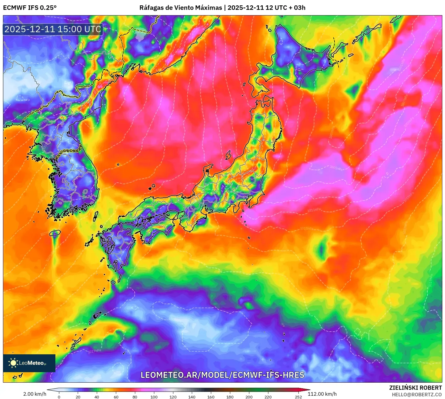 ECMWF IFS 0.25° model - Japón, Ráfagas de Viento Máximas
