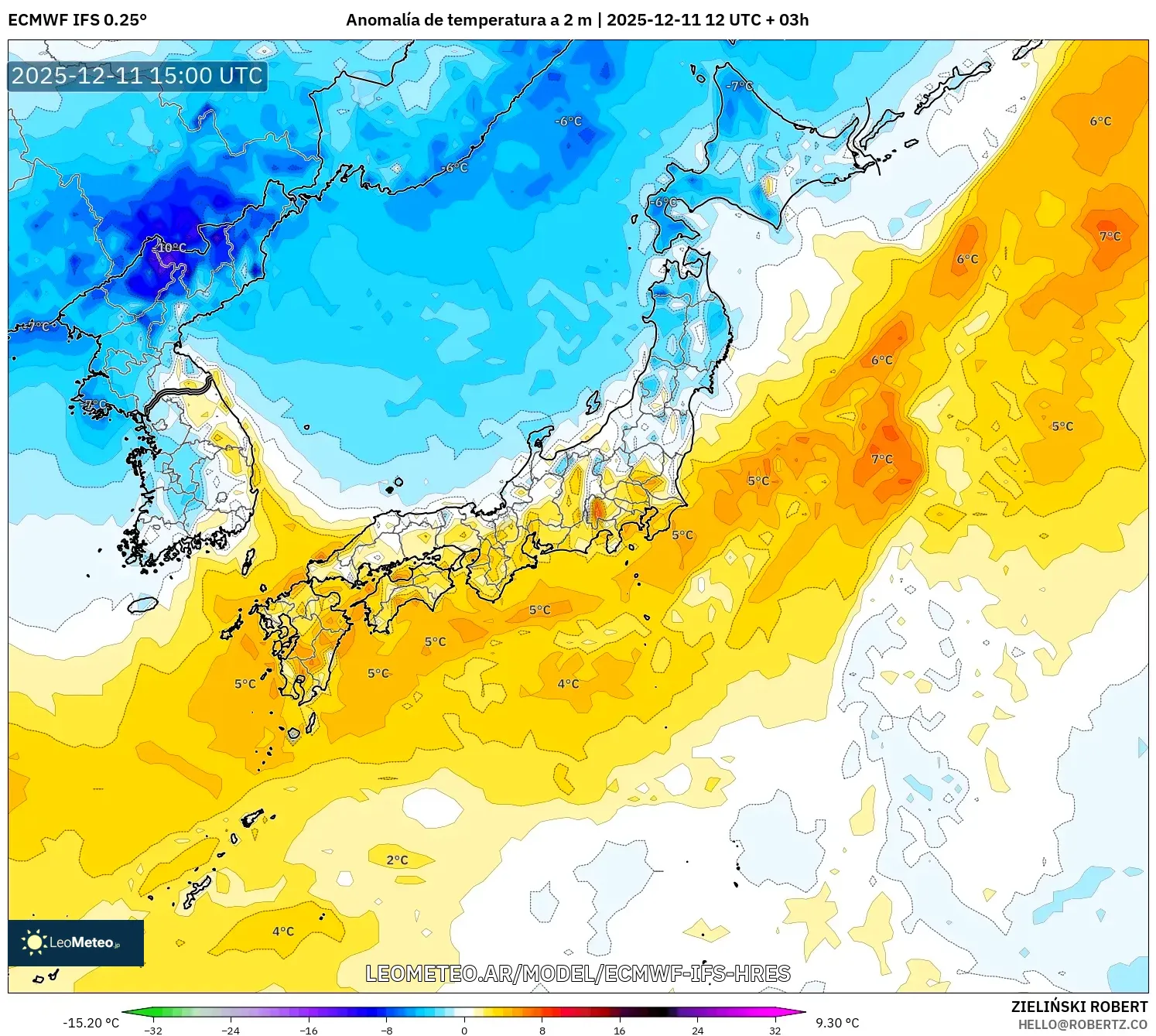 ECMWF IFS 0.25° model - Japón, Anomalía de temperatura a 2 m