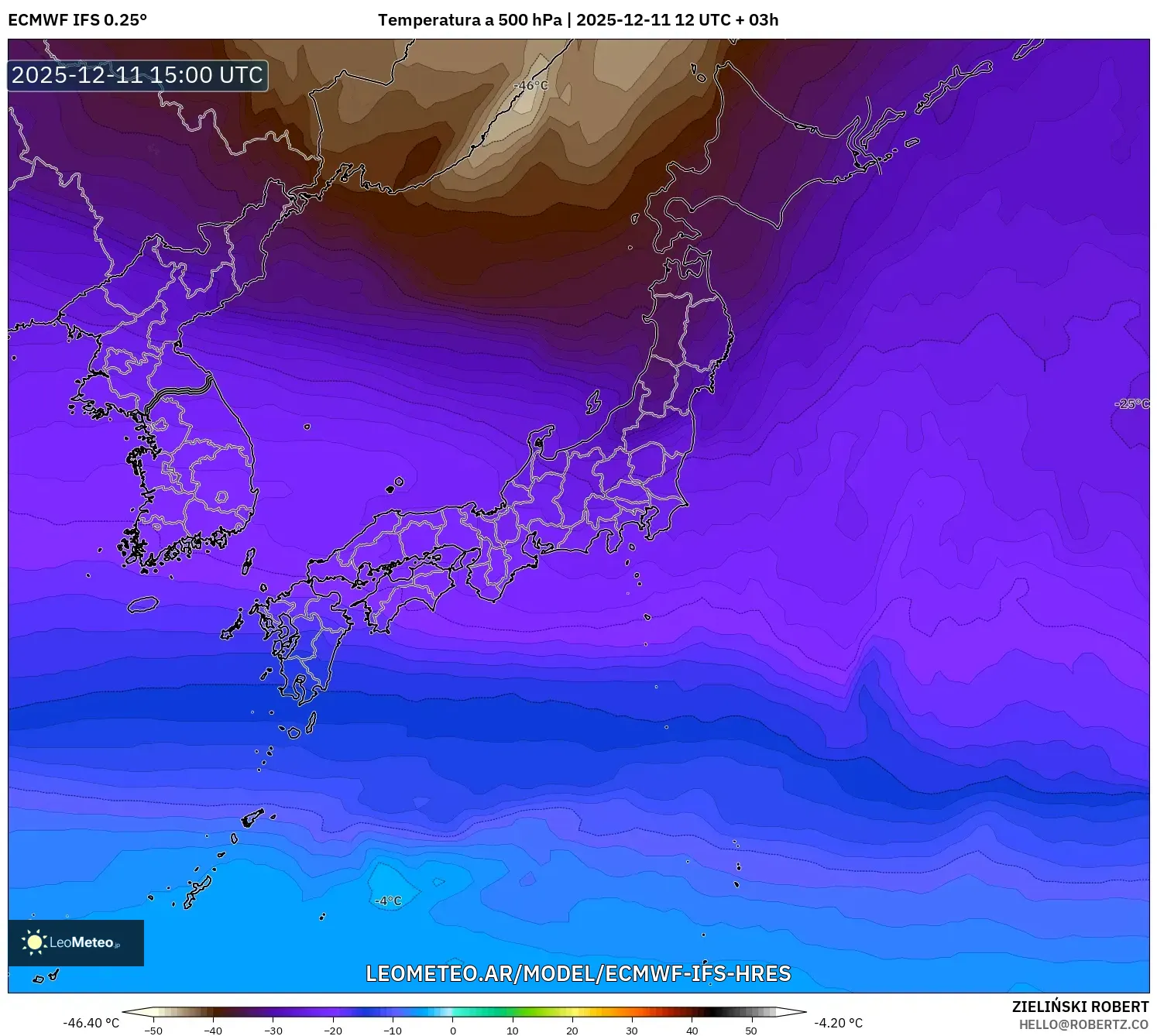 ECMWF IFS 0.25° model - Japón, Temperatura a 500 hPa
