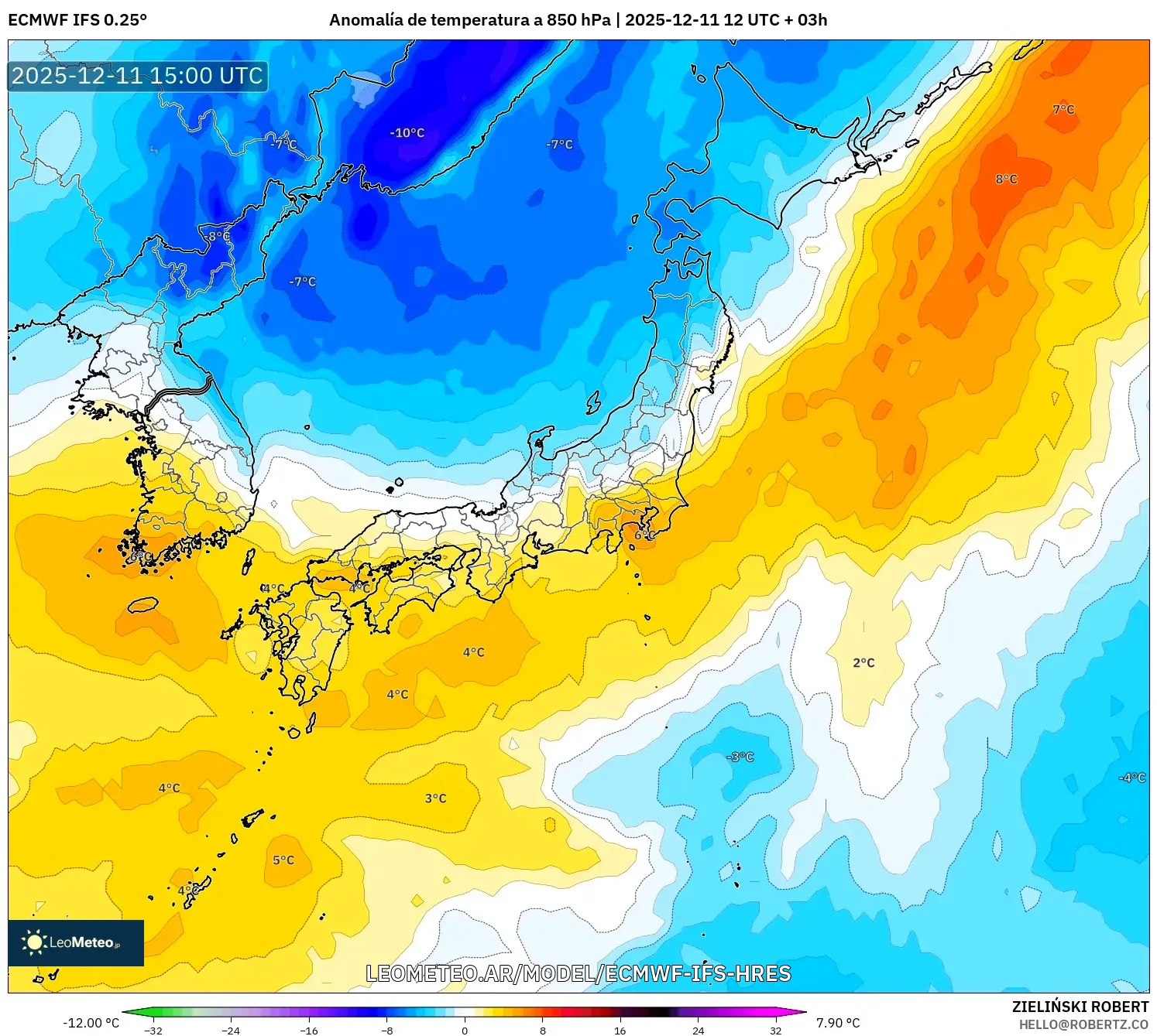 ECMWF IFS 0.25° model - Japón, Anomalía de temperatura a 850 hPa
