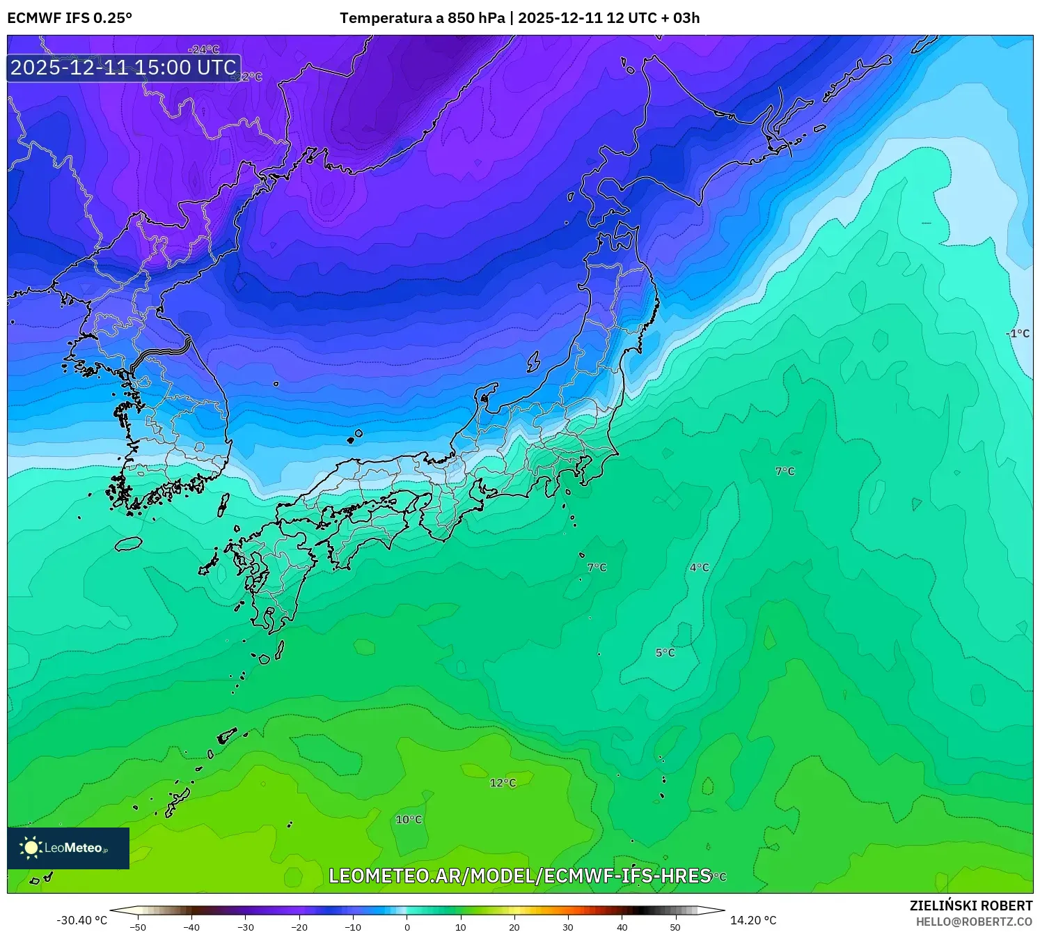 ECMWF IFS 0.25° model - Japón, Temperatura a 850 hPa