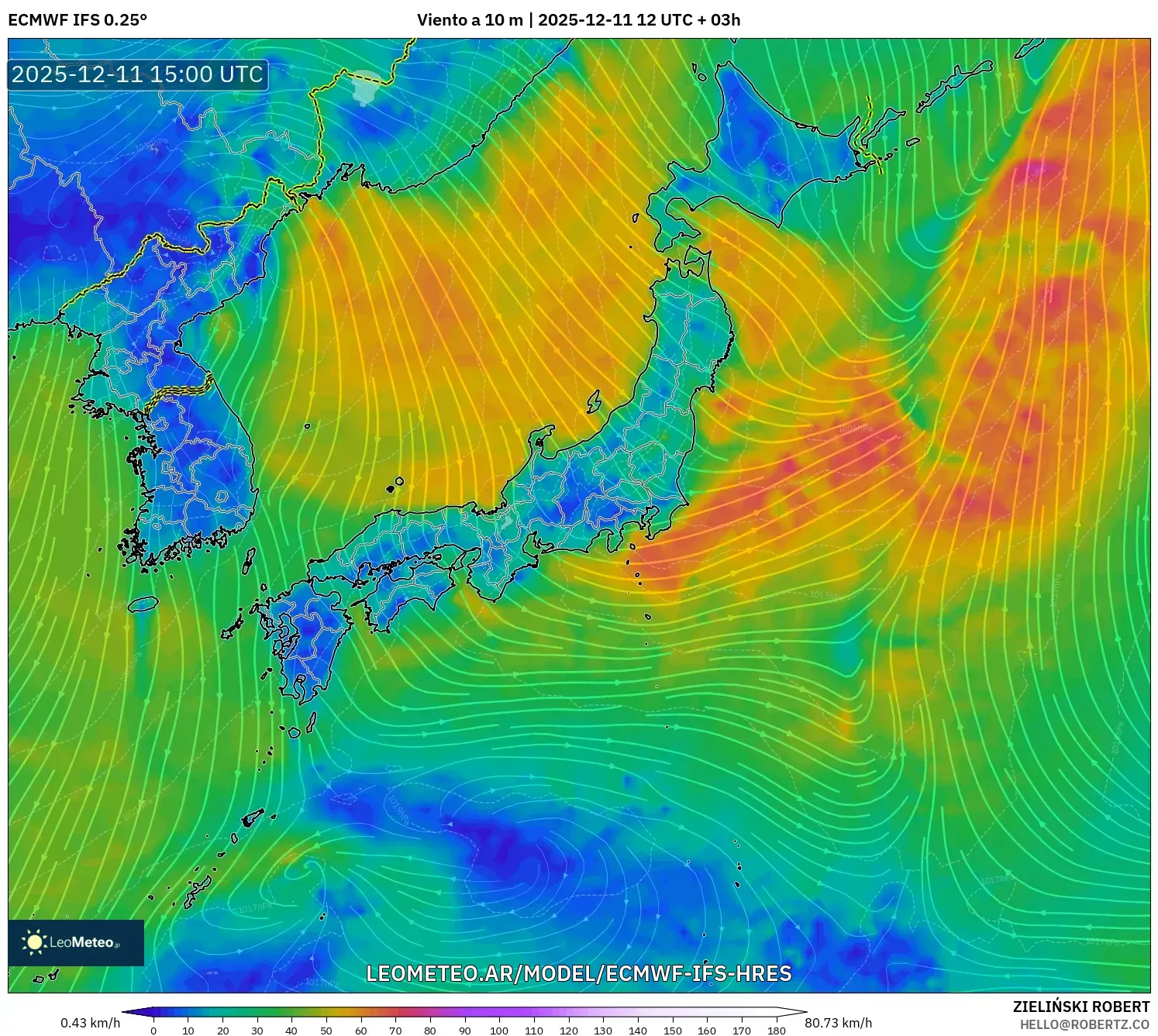 ECMWF IFS 0.25° model - Japón, Viento a 10 m