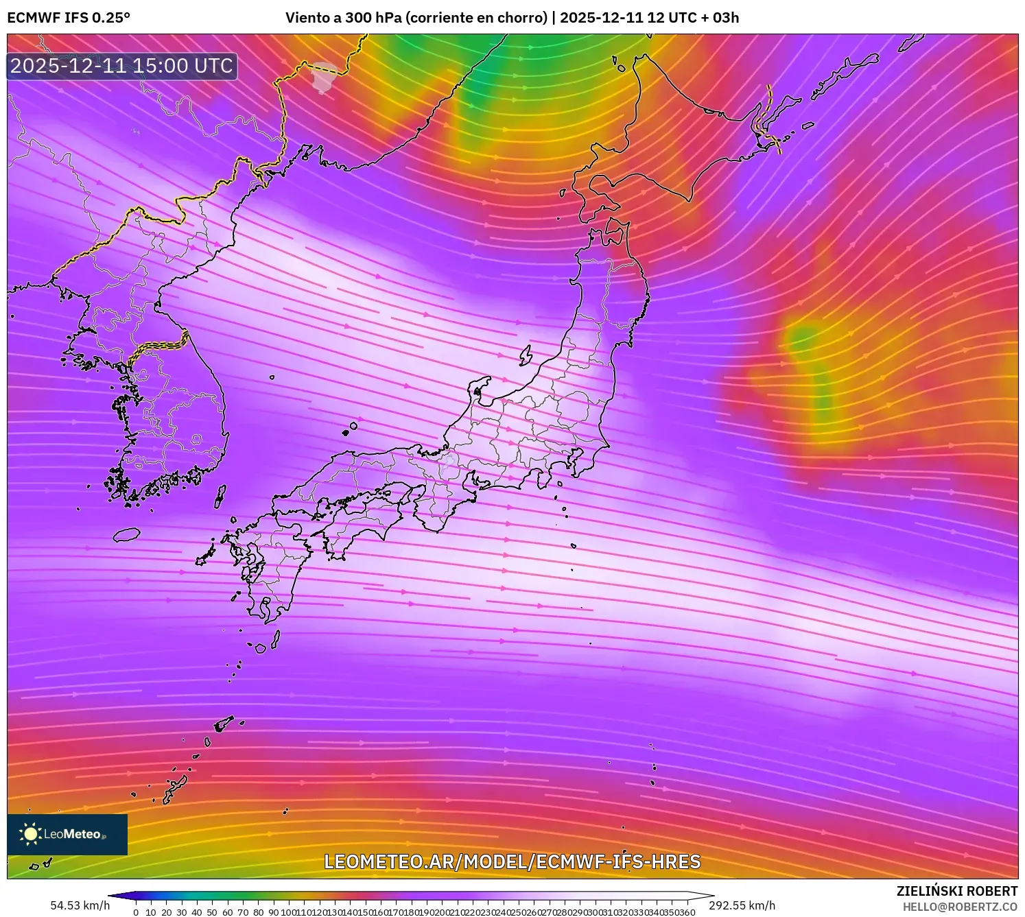 ECMWF IFS 0.25° model - Japón, Viento a 300 hPa (corriente en chorro)