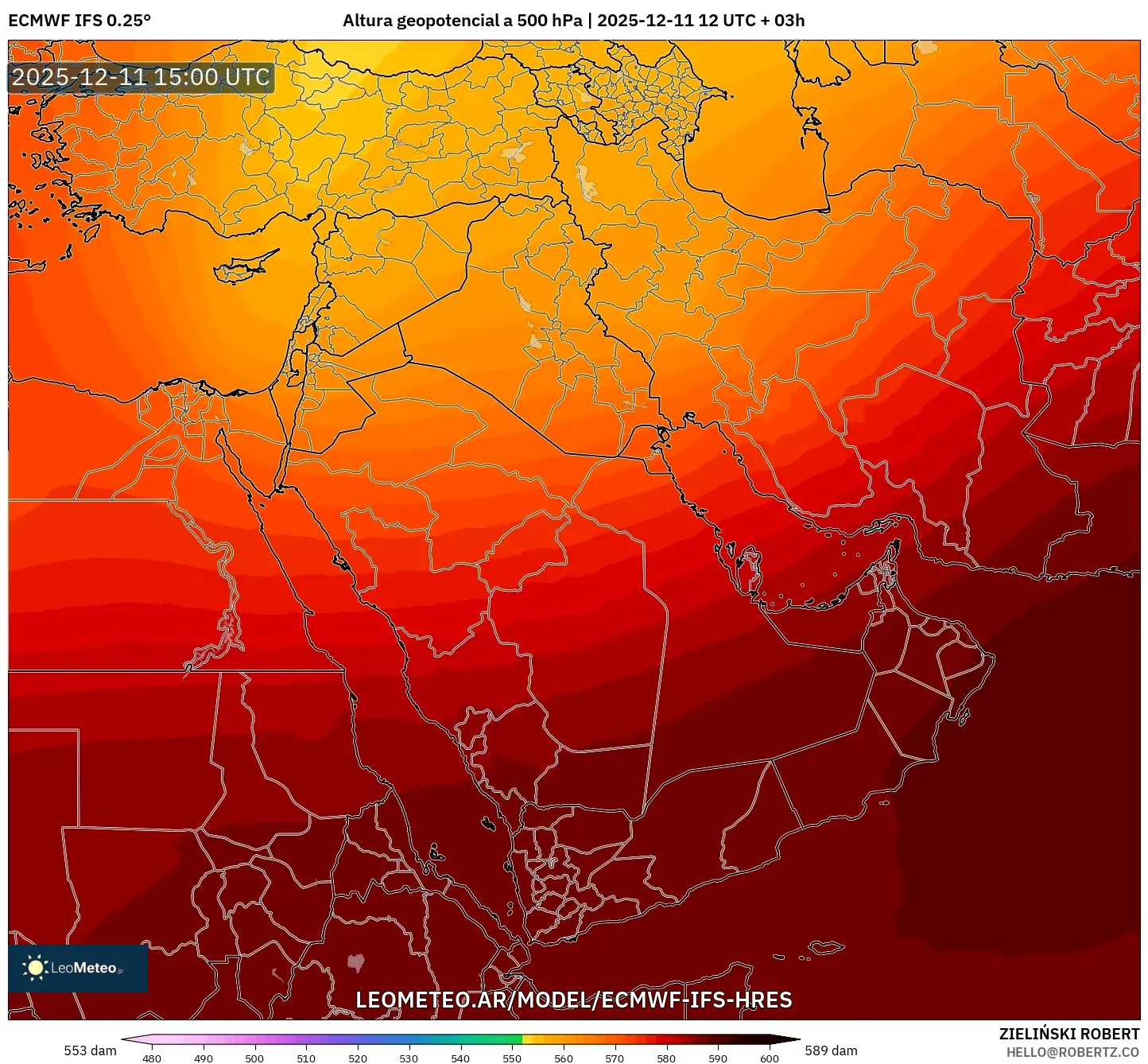 ECMWF IFS 0.25° model - Oriente Medio, Altura geopotencial a 500 hPa