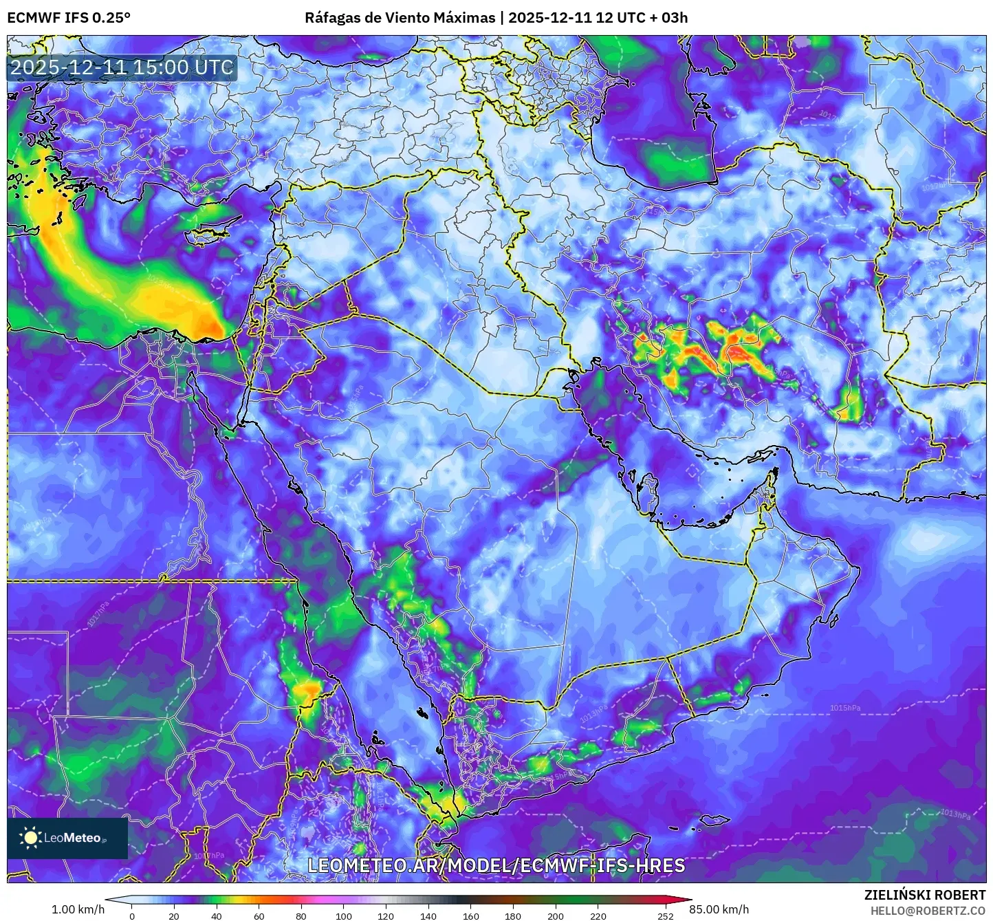 ECMWF IFS 0.25° model - Oriente Medio, Ráfagas de Viento Máximas