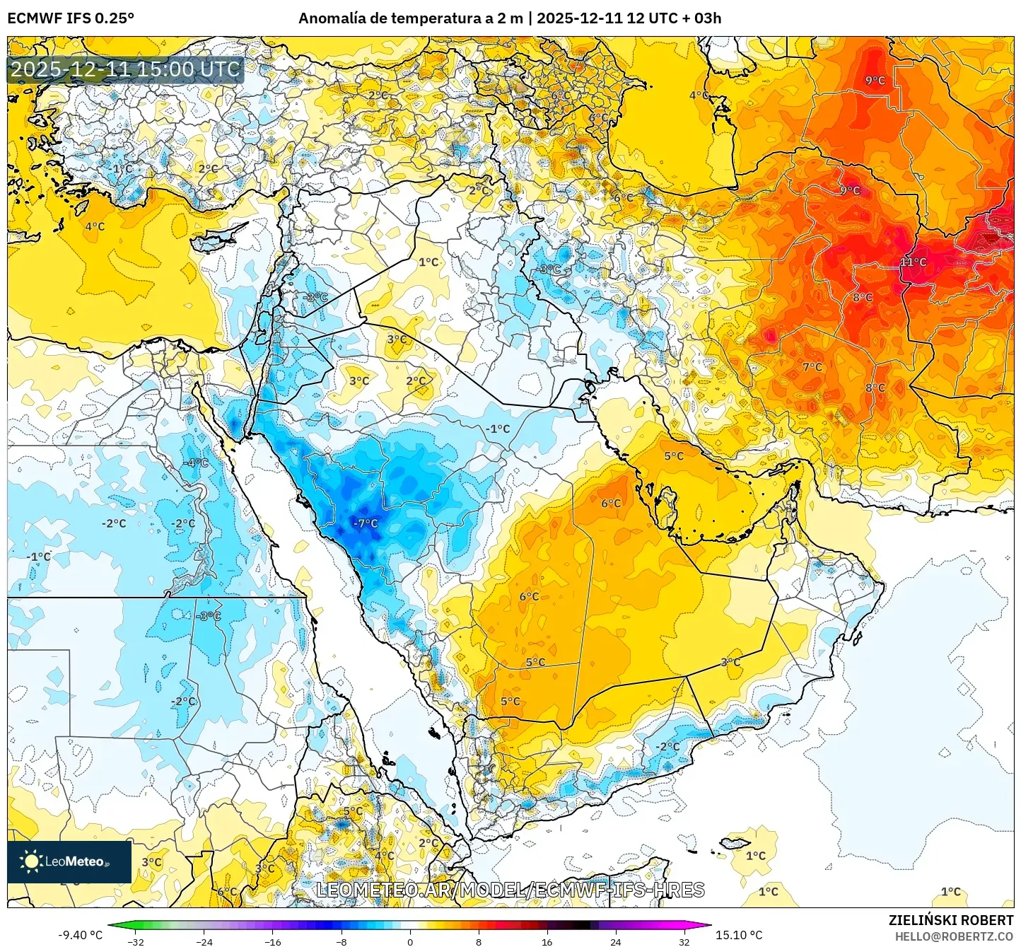 ECMWF IFS 0.25° model - Oriente Medio, Anomalía de temperatura a 2 m