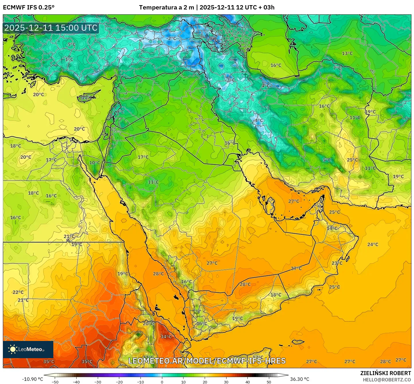ECMWF IFS 0.25° model - Oriente Medio, Temperatura a 2 m