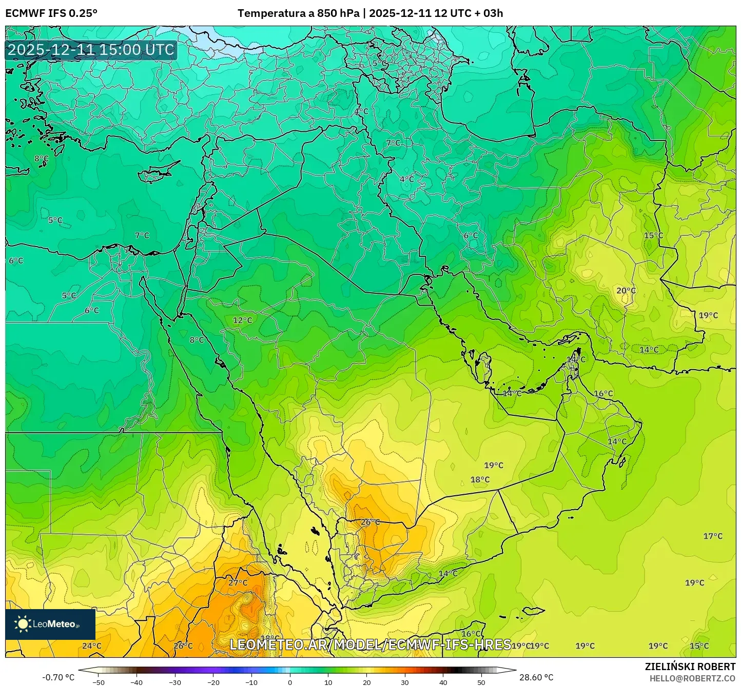 ECMWF IFS 0.25° model - Oriente Medio, Temperatura a 850 hPa