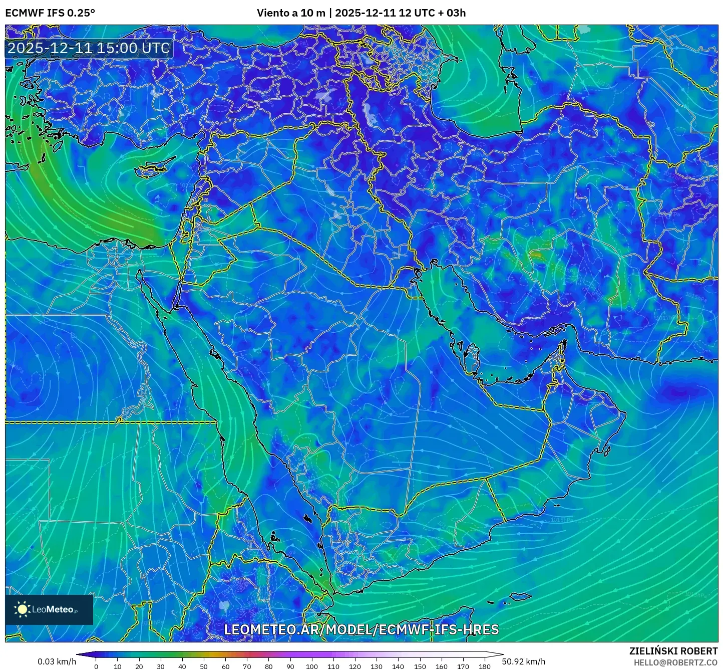 ECMWF IFS 0.25° model - Oriente Medio, Viento a 10 m