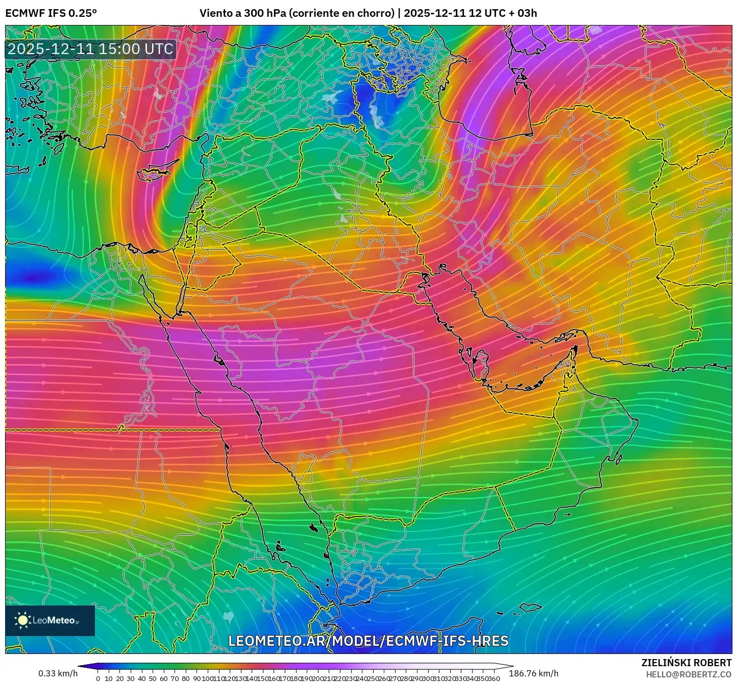 ECMWF IFS 0.25° model - Oriente Medio, Viento a 300 hPa (corriente en chorro)