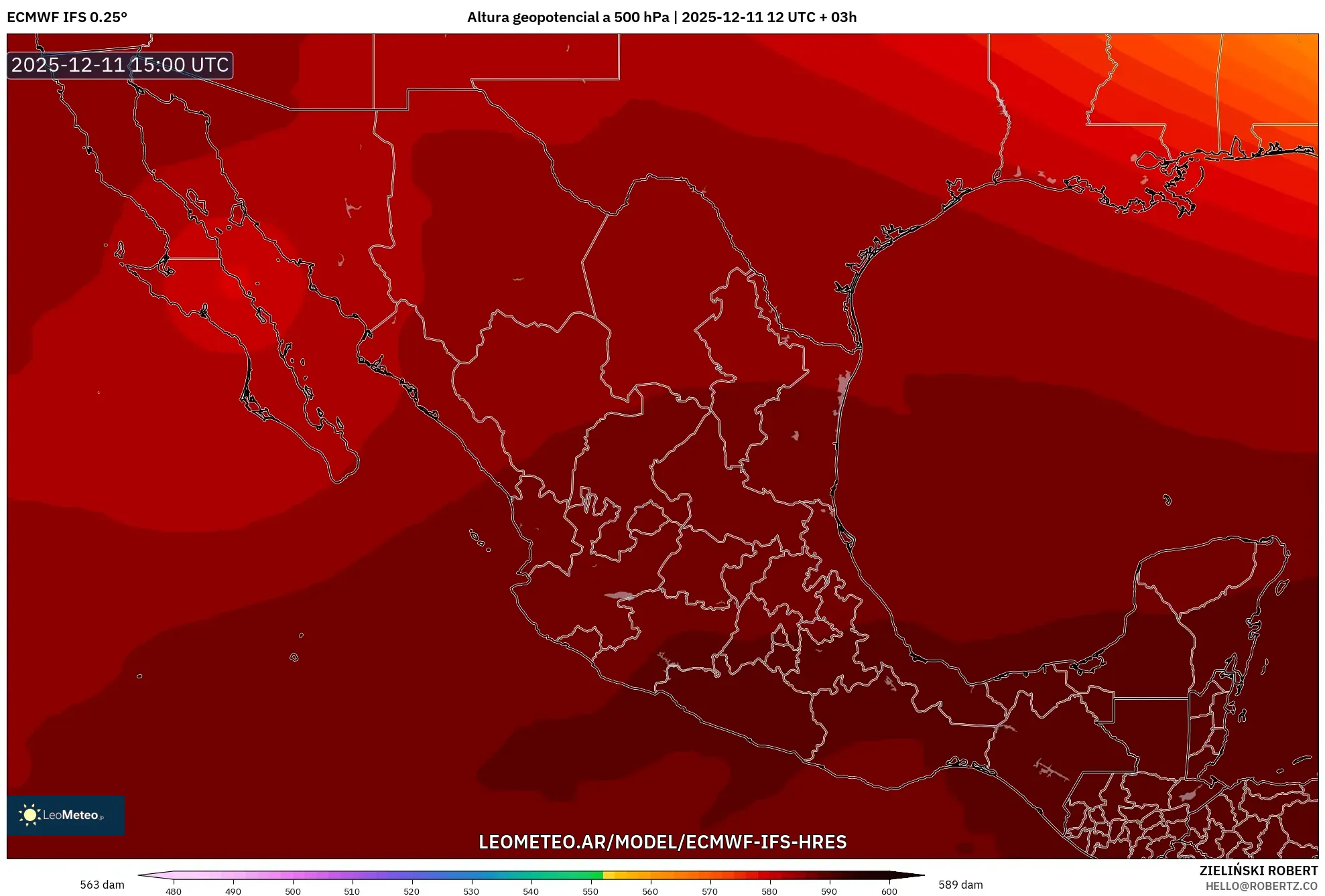 ECMWF IFS 0.25° model - México, Altura geopotencial a 500 hPa