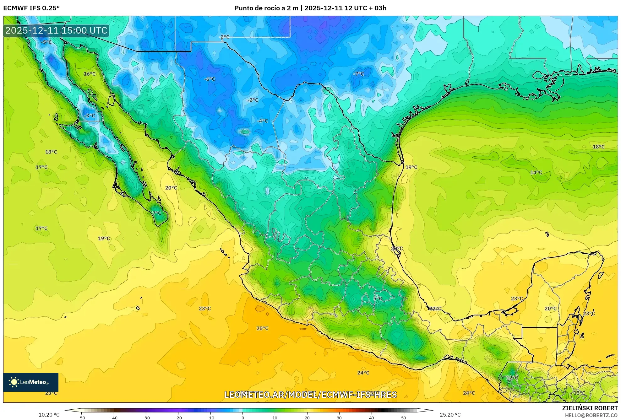 ECMWF IFS 0.25° model - México, Punto de rocío a 2 m