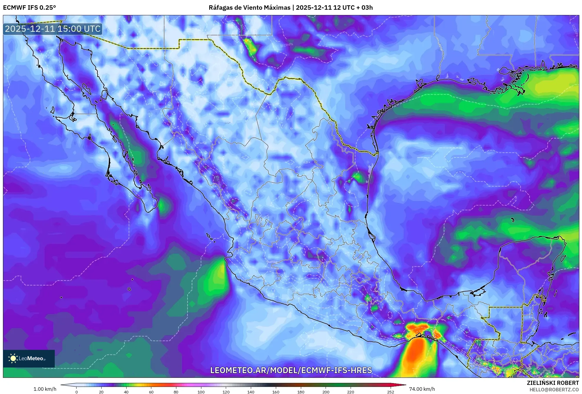 ECMWF IFS 0.25° model - México, Ráfagas de Viento Máximas